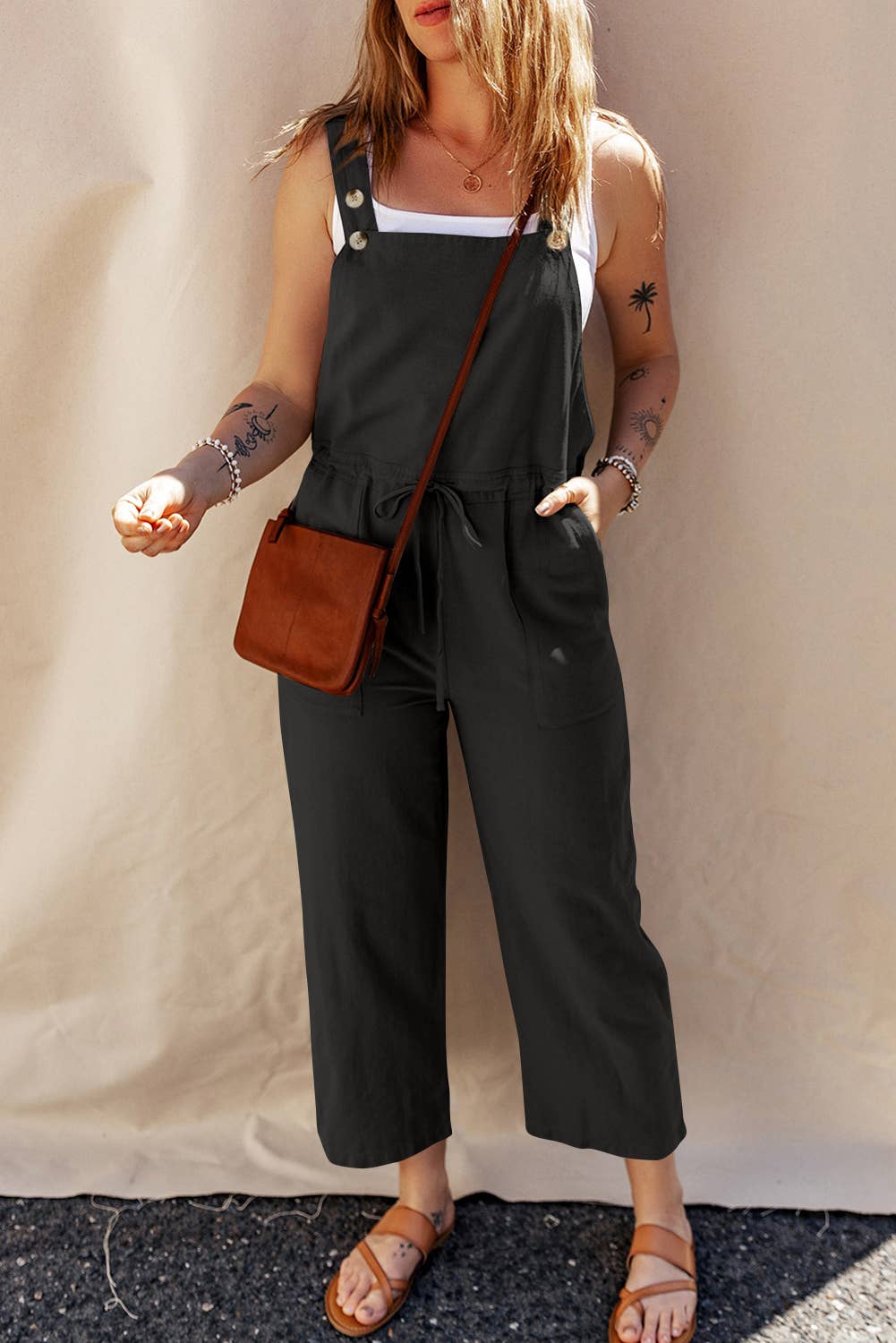 LDC Drawstring Buttoned Straps Cropped Overall