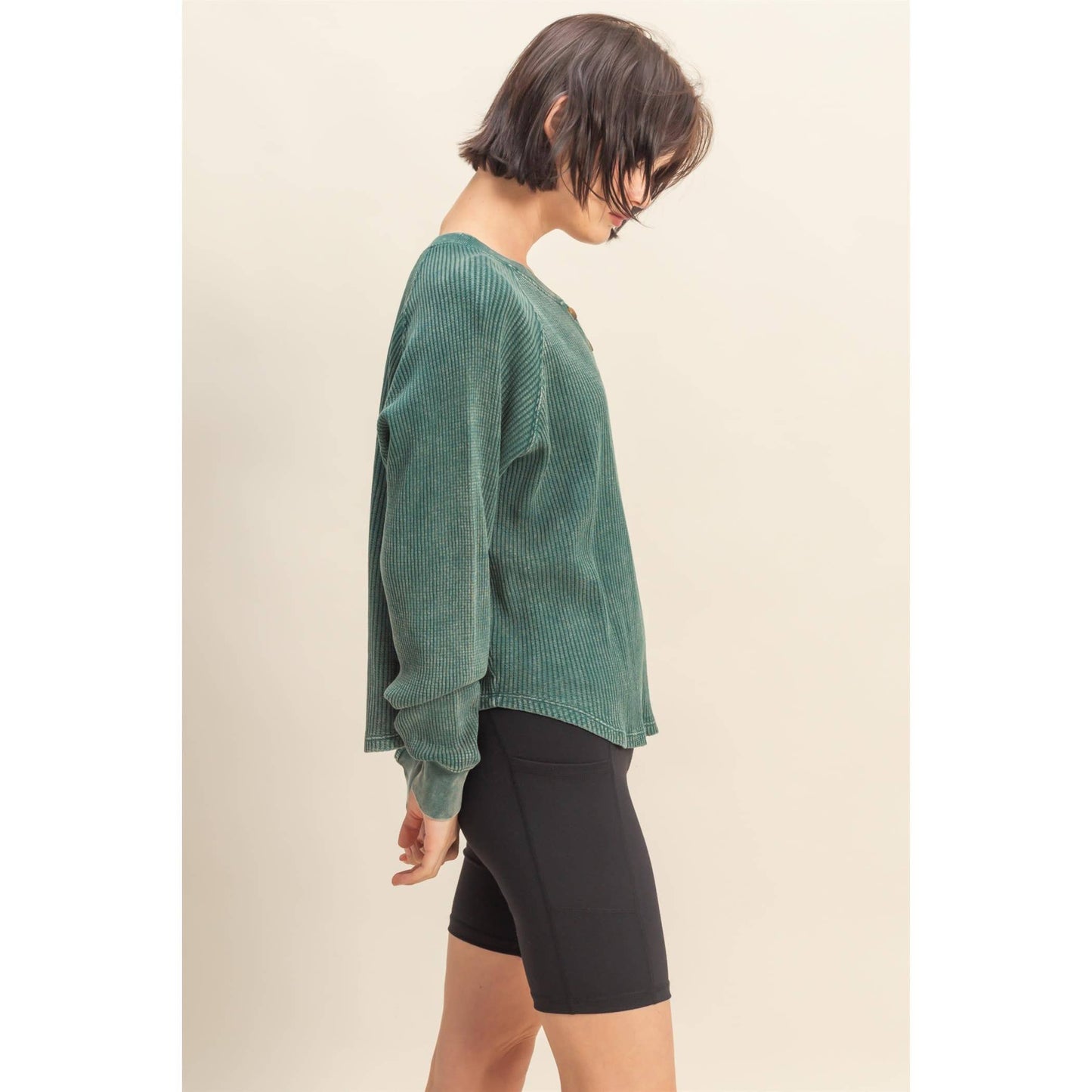 Mineral Washed Henley Waffle Raglan Sleeve Top
