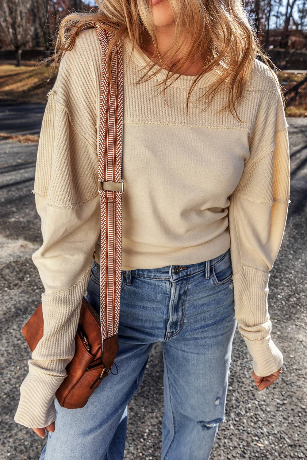 Ribbed Exposed Seam Crew Neck Top