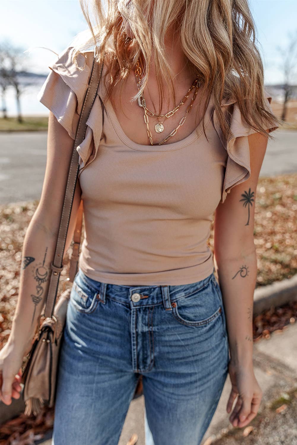 Ribbed Ruffled Shoulder Slim Fit Tank Top