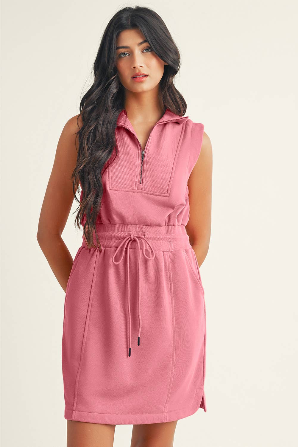 LDC French Terry Zipped Collar Drawstring Waist Mini Dress