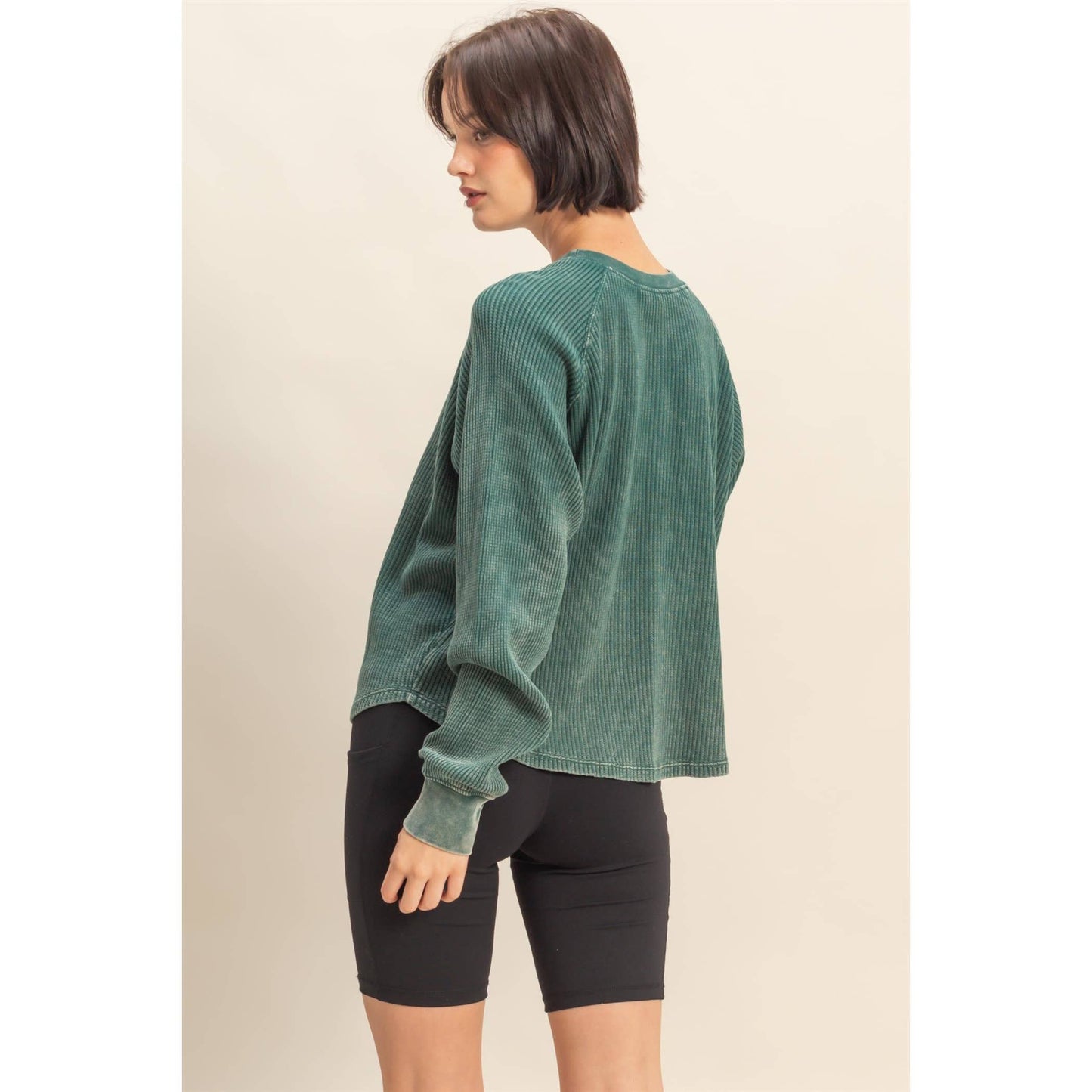 Mineral Washed Henley Waffle Raglan Sleeve Top