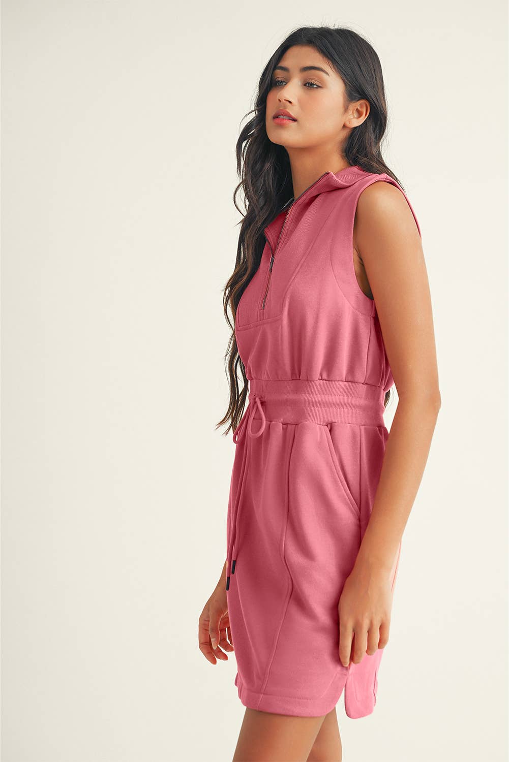 LDC French Terry Zipped Collar Drawstring Waist Mini Dress