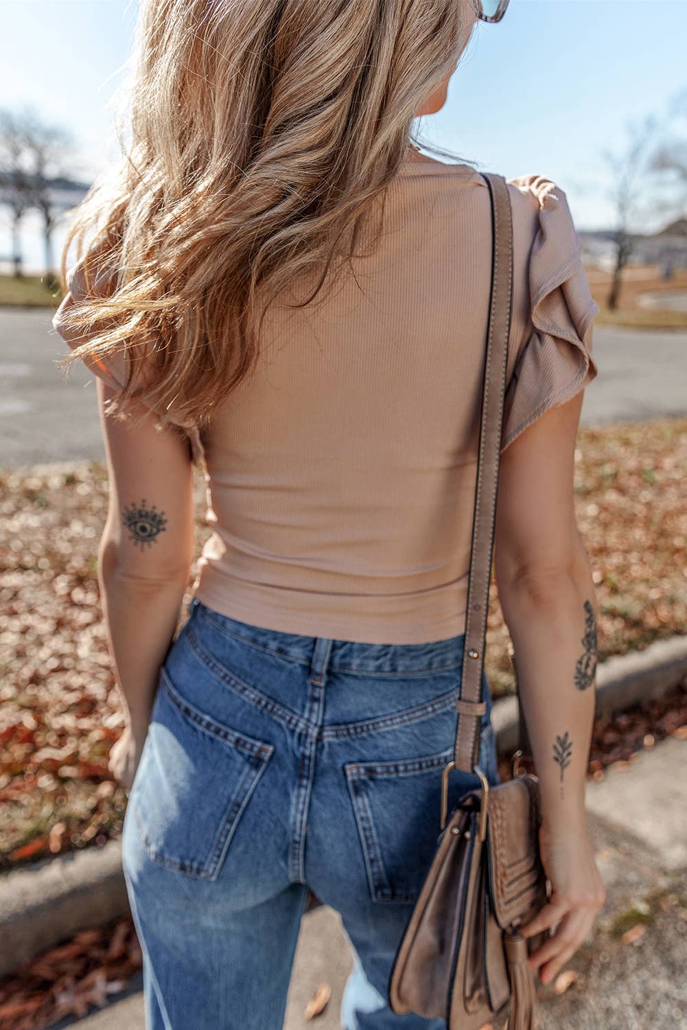 Ribbed Ruffled Shoulder Slim Fit Tank Top