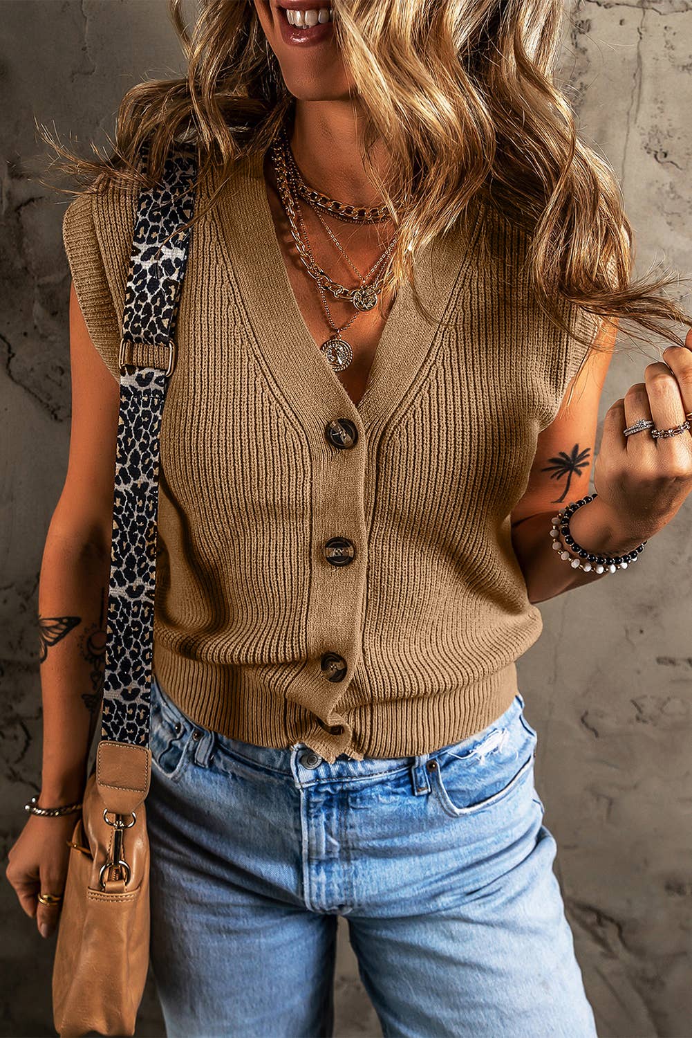 LDC V Neck Buttoned Front Sweater Vest