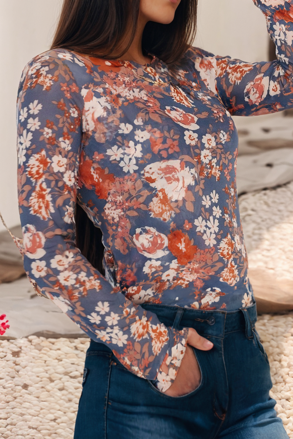 Floral Print Mesh Long Sleeve Top