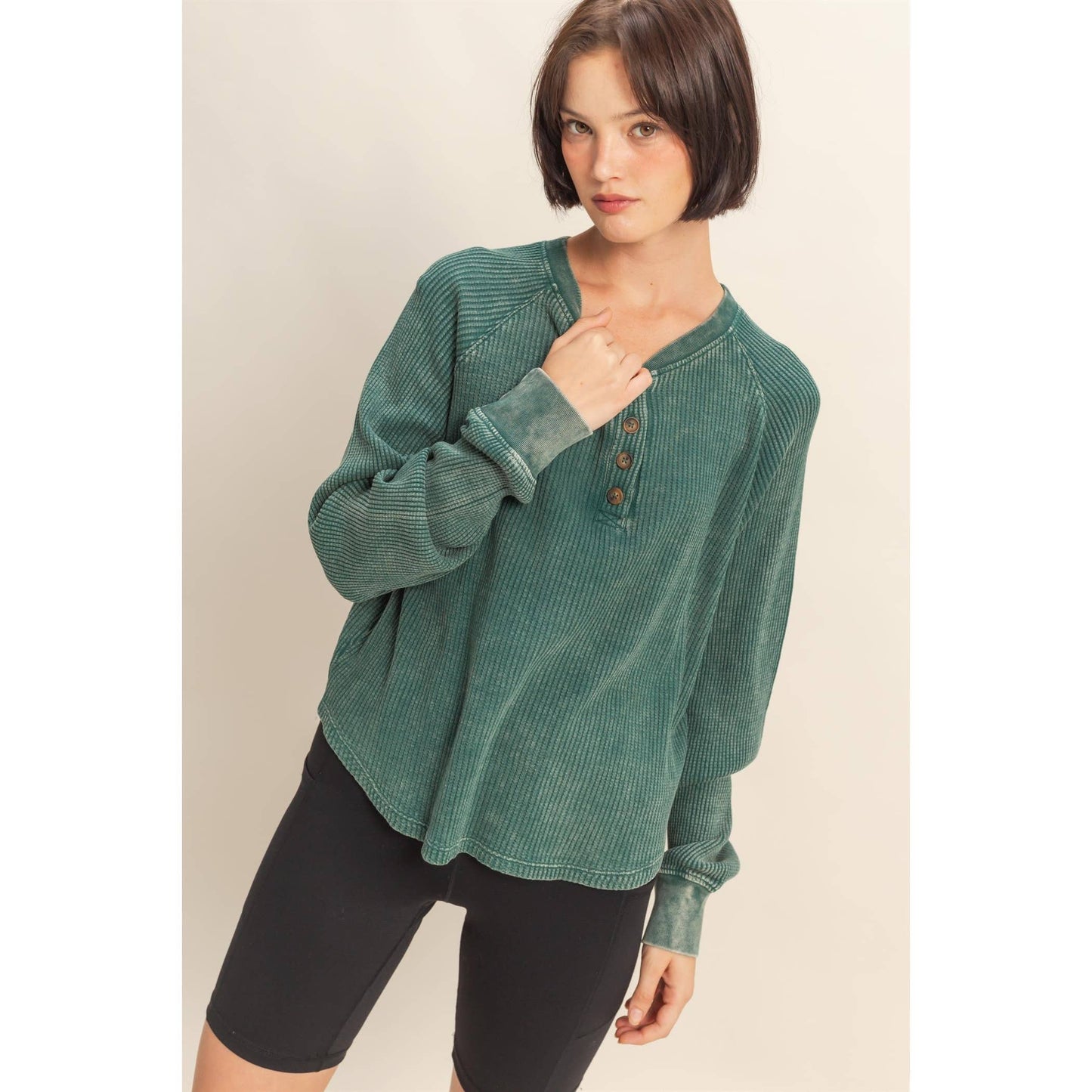 Mineral Washed Henley Waffle Raglan Sleeve Top