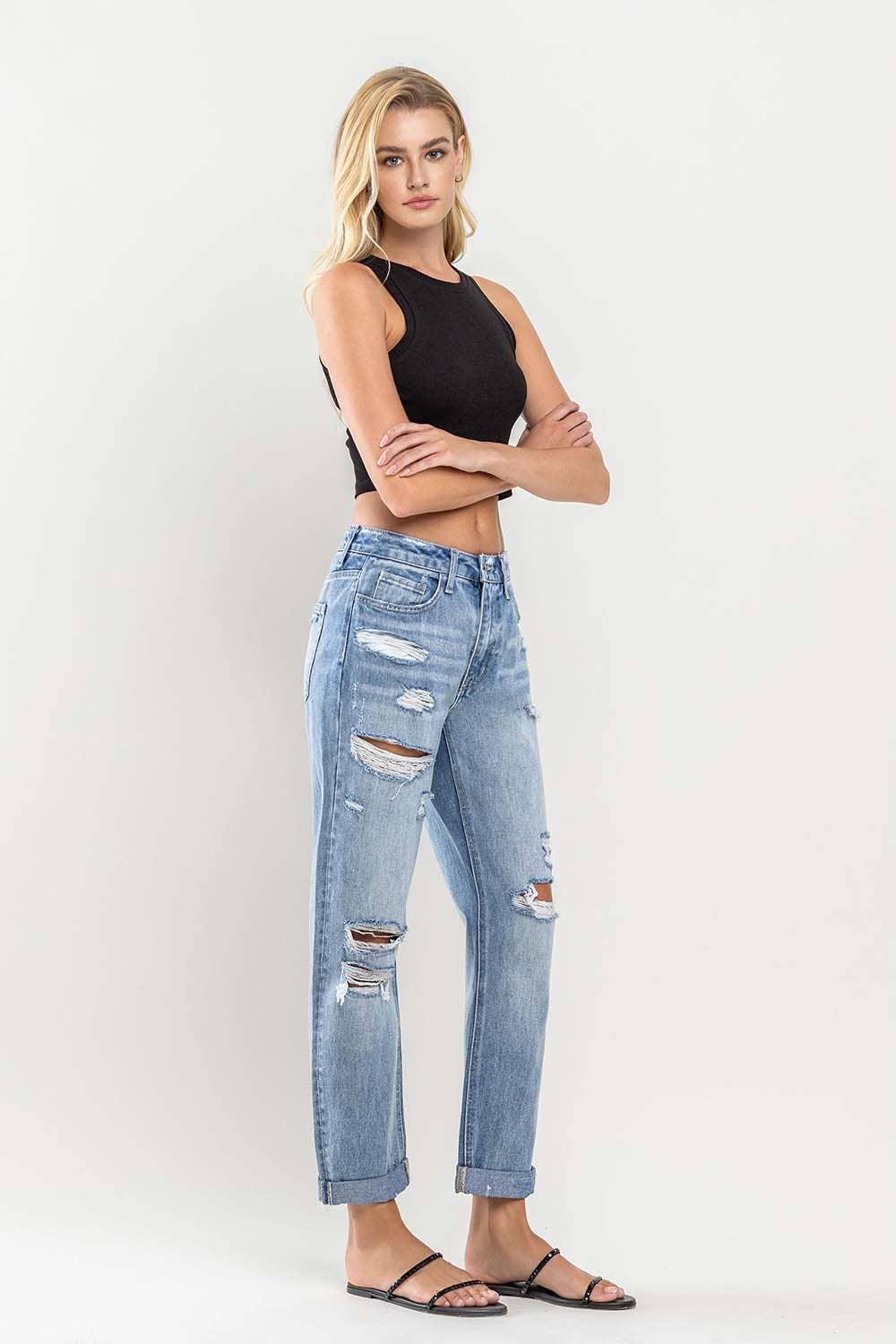 FLYING MONKEY HIGH RISE CUFFED BOYFRIEND JEANS