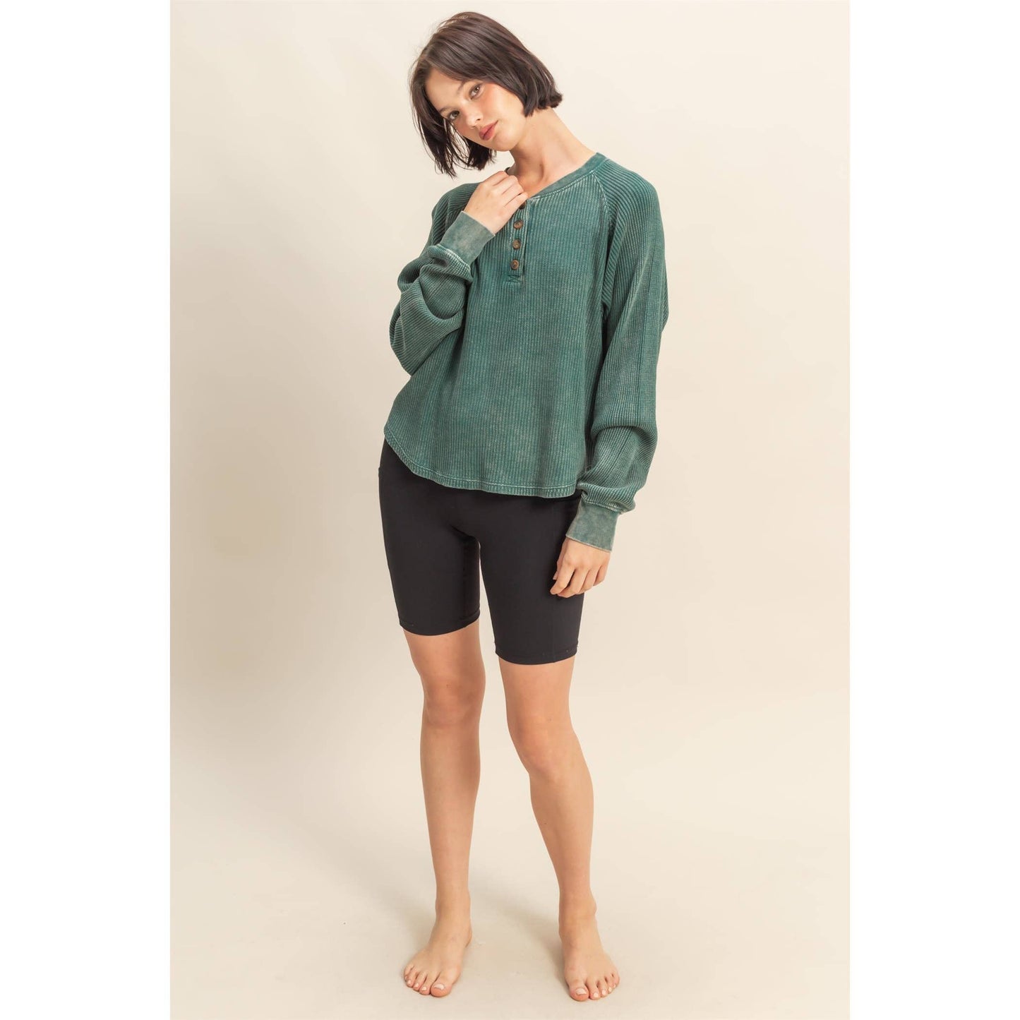 Mineral Washed Henley Waffle Raglan Sleeve Top