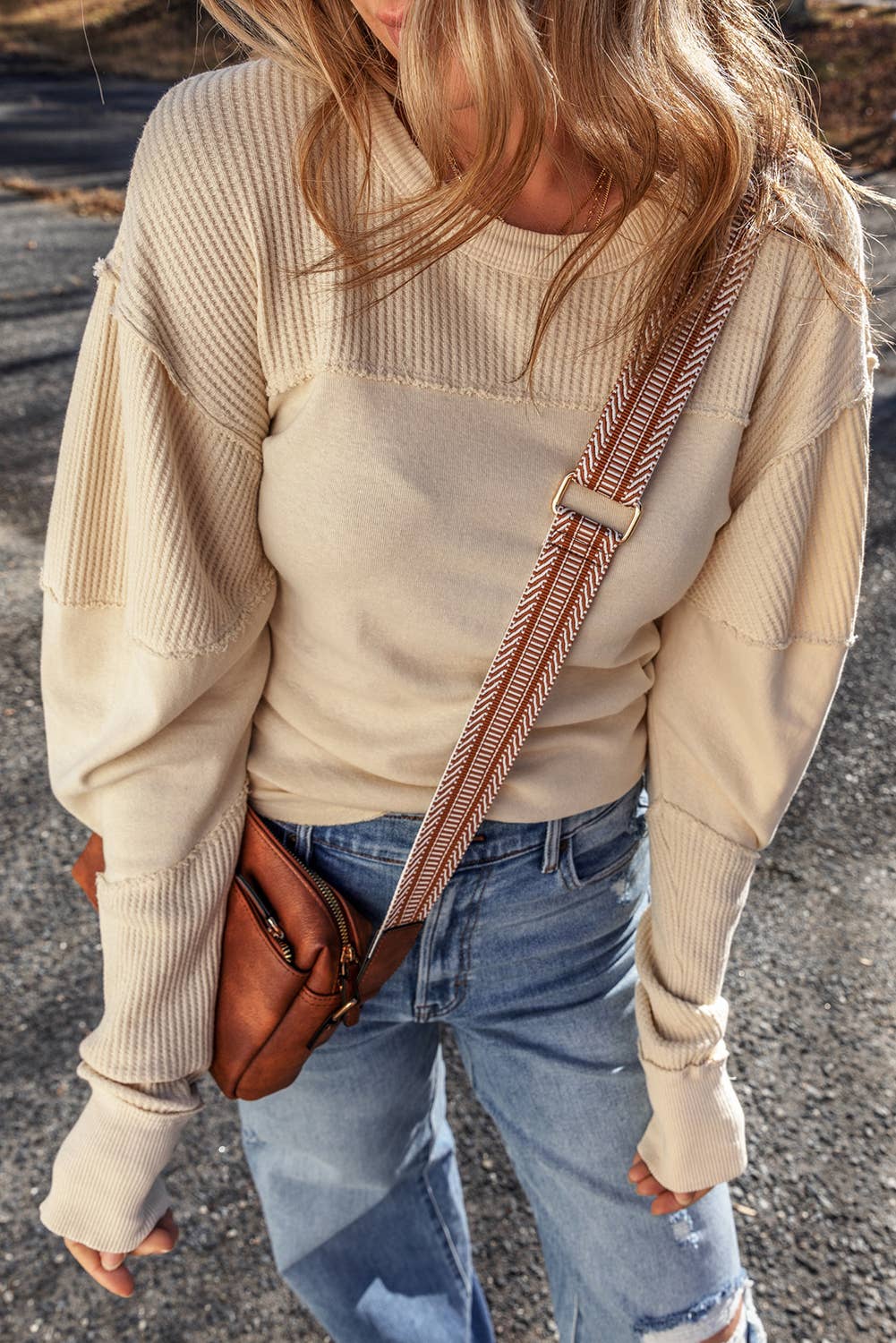 Ribbed Exposed Seam Crew Neck Top
