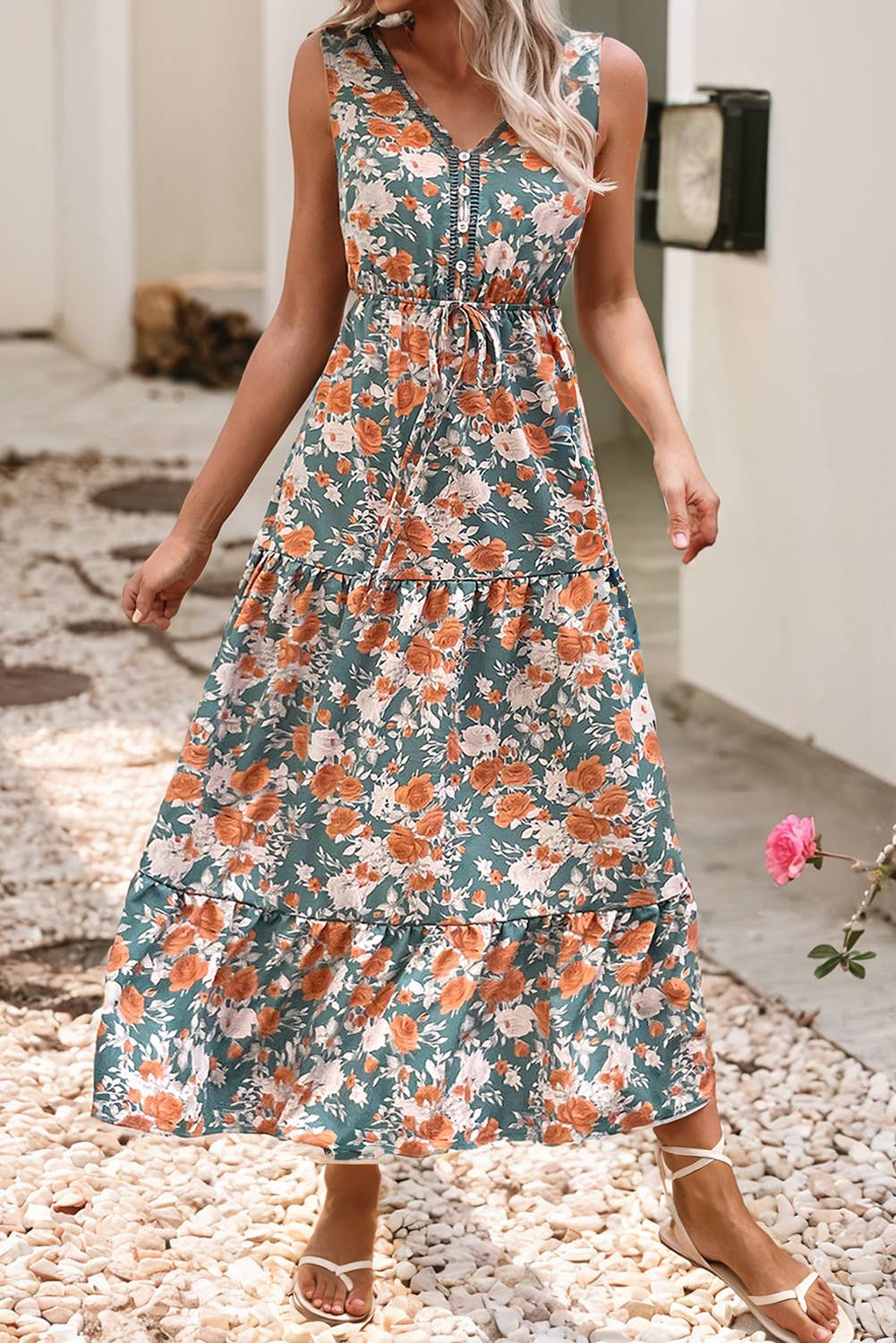 Floral V Neck Tie Waist Dress