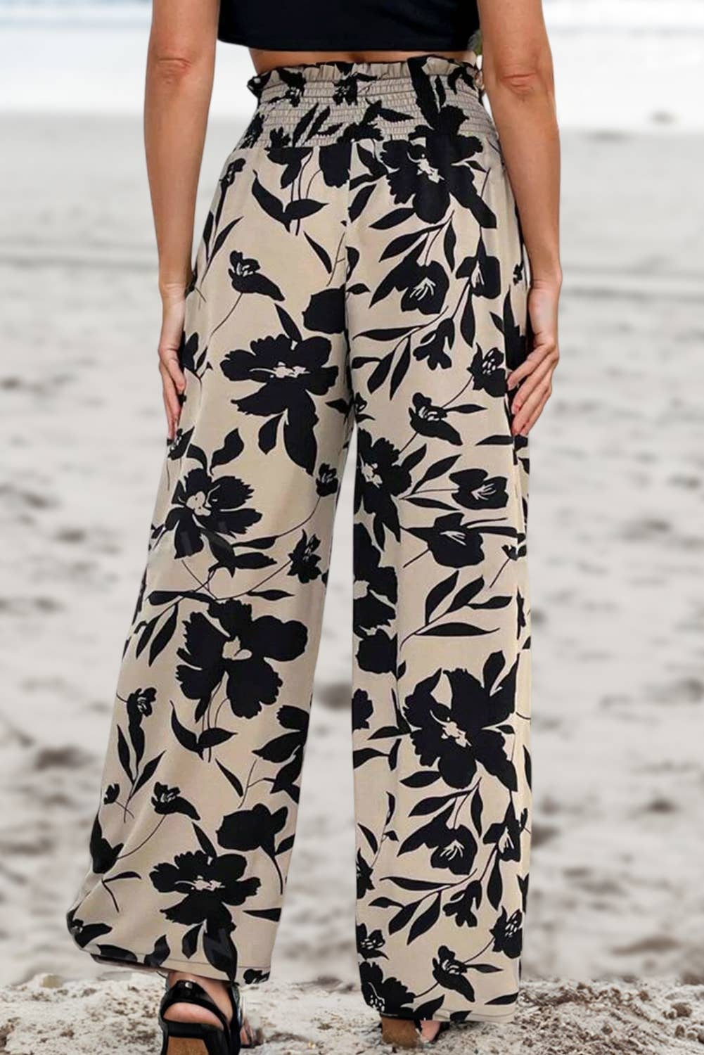 Black Floral Print Smocked High Waist Wide Leg Pants