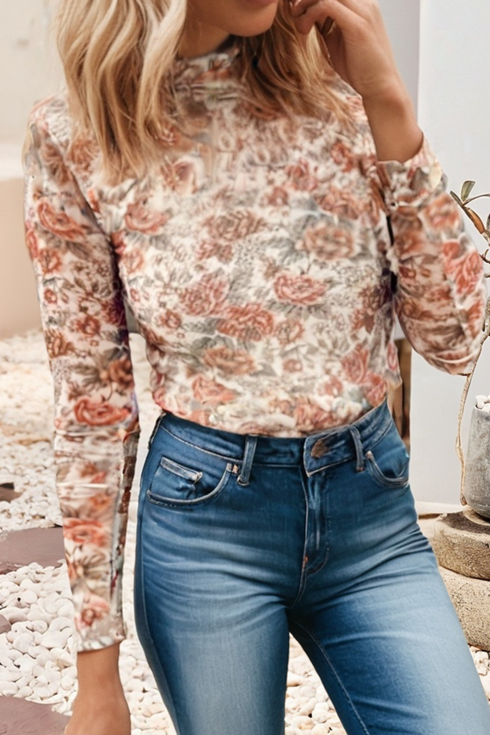 Retro Floral Print Mesh Long Sleeve Top
