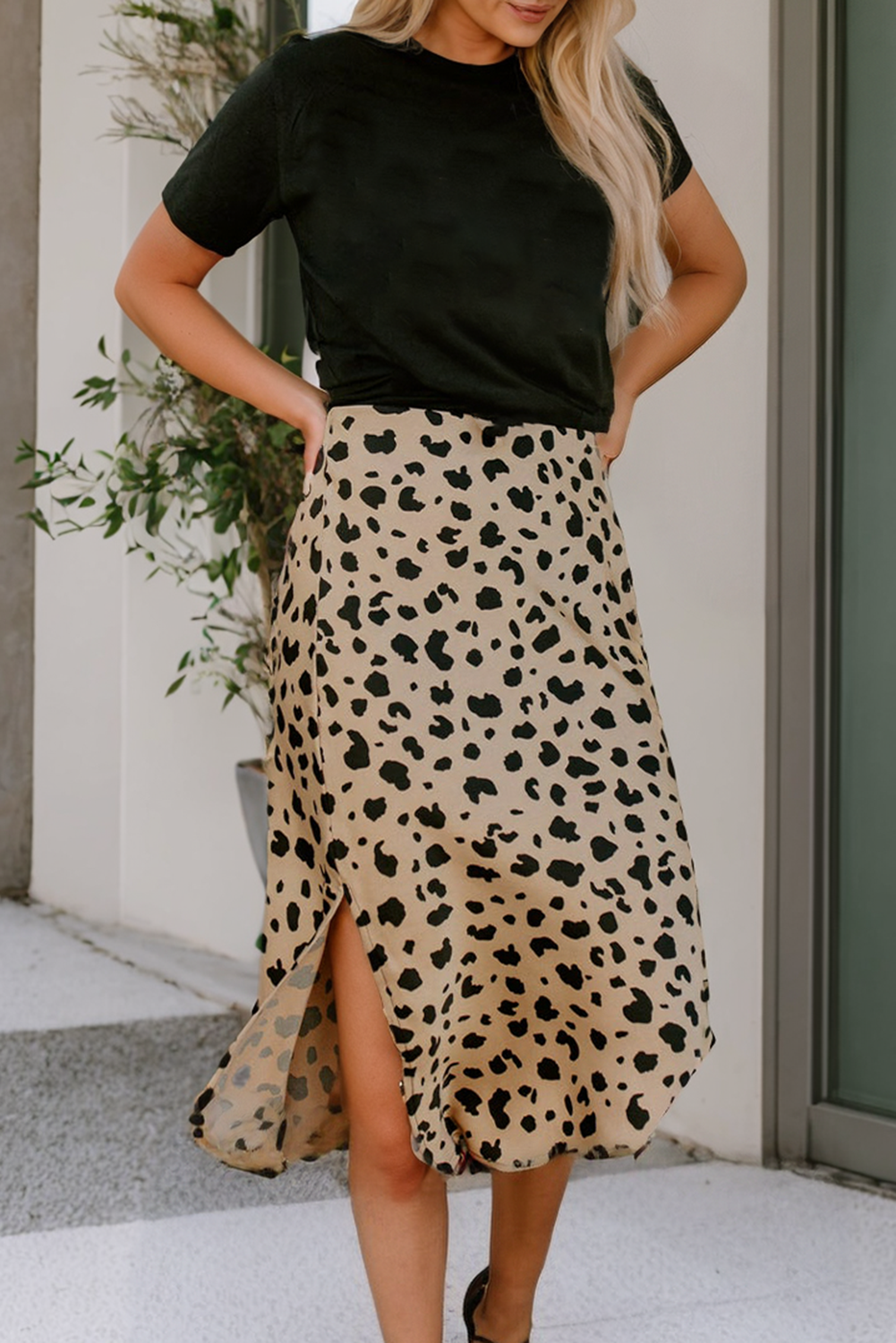 Leopard Print Split Hem Midi Skirt