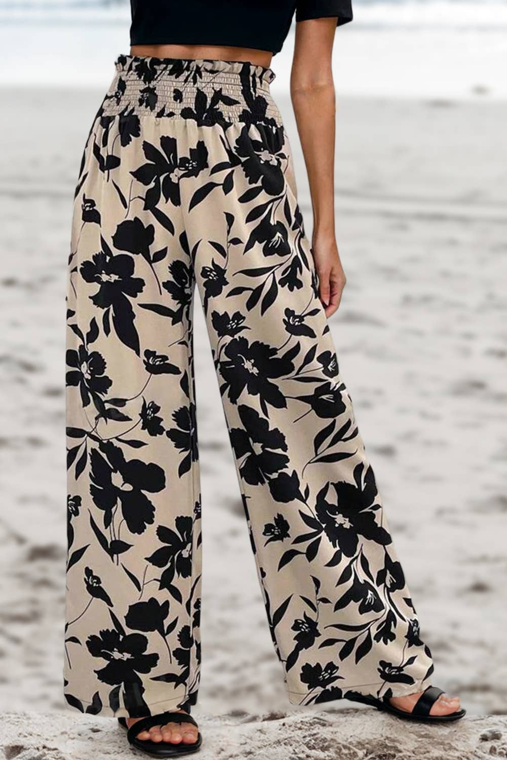 Black Floral Print Smocked High Waist Wide Leg Pants