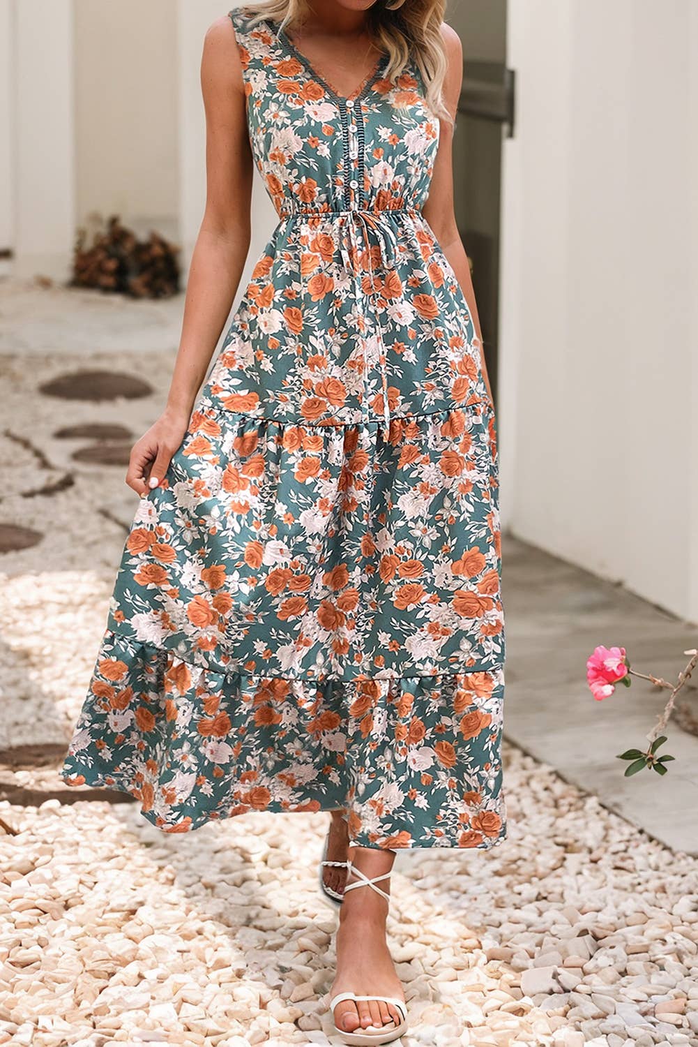 Floral V Neck Tie Waist Dress