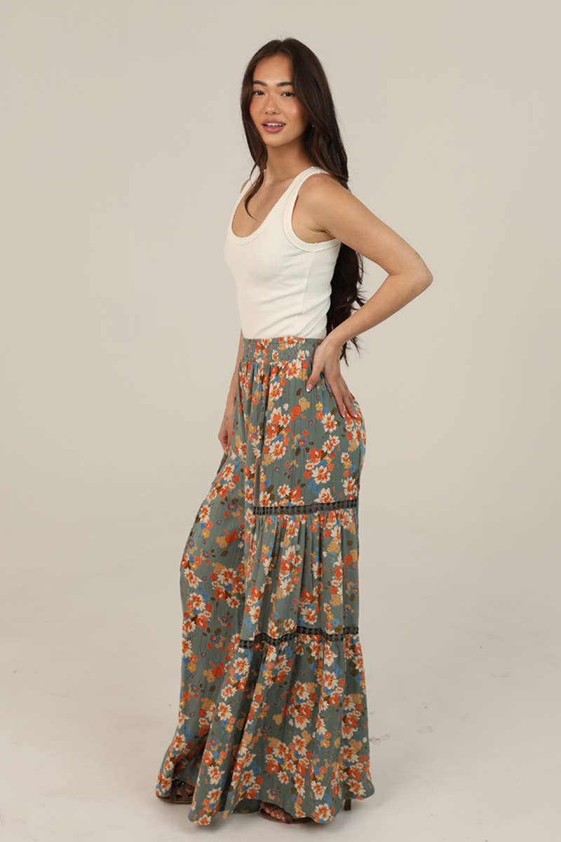 FLORAL PRINT WIDE LEG PANTS WITH LACE INSERTS