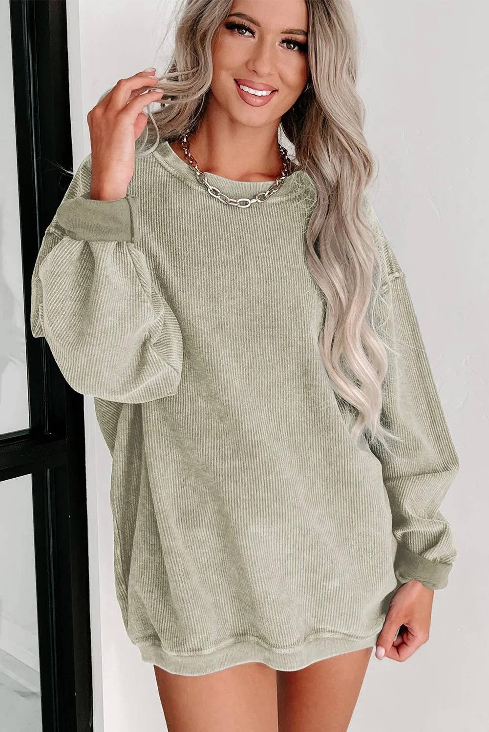 Solid Ribbed Knit Round Neck Pullover Sweatshirt