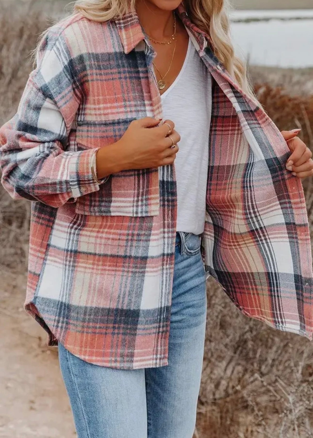 PINK PLAID SHACKET WITH POCKETS