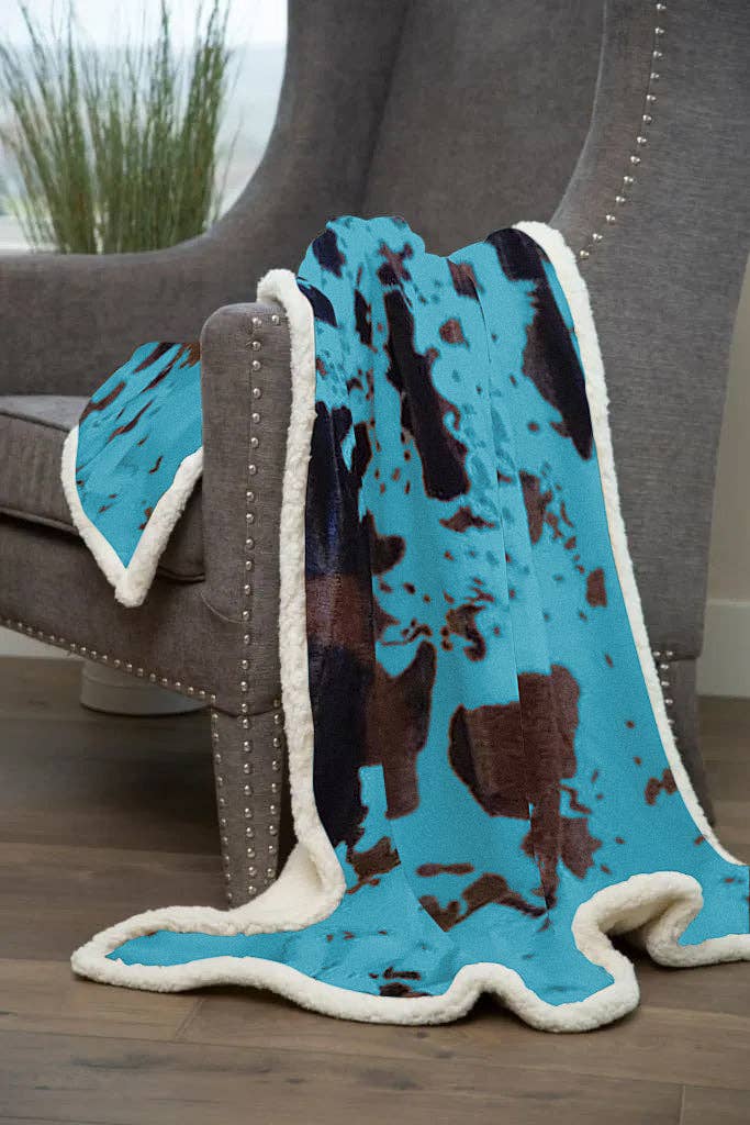 Turquoise Cowhide Sherpa Throw Blanket