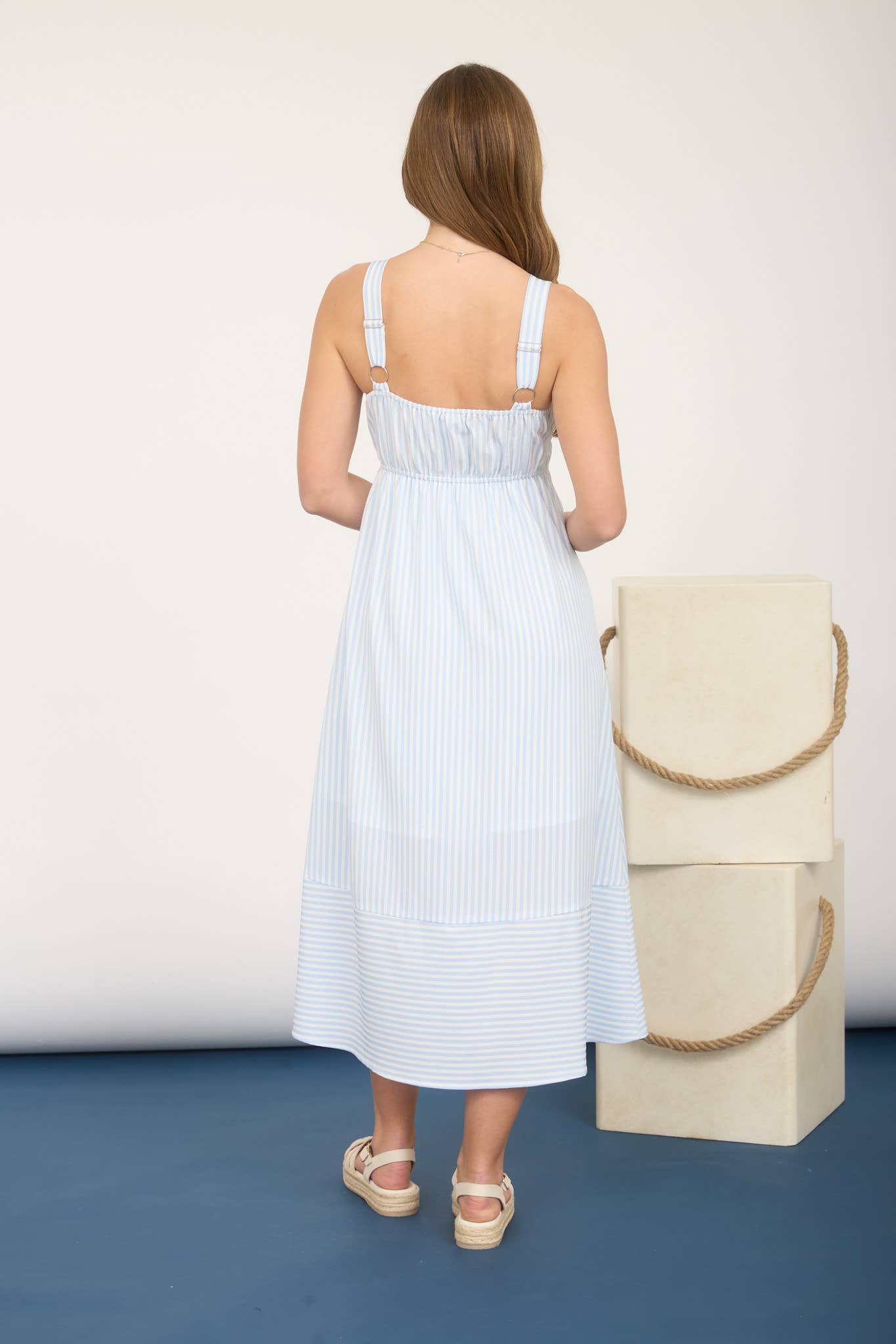 STRIPE SWEETHEART BUTTON DOWN SLEEVELESS MIDI DRESS