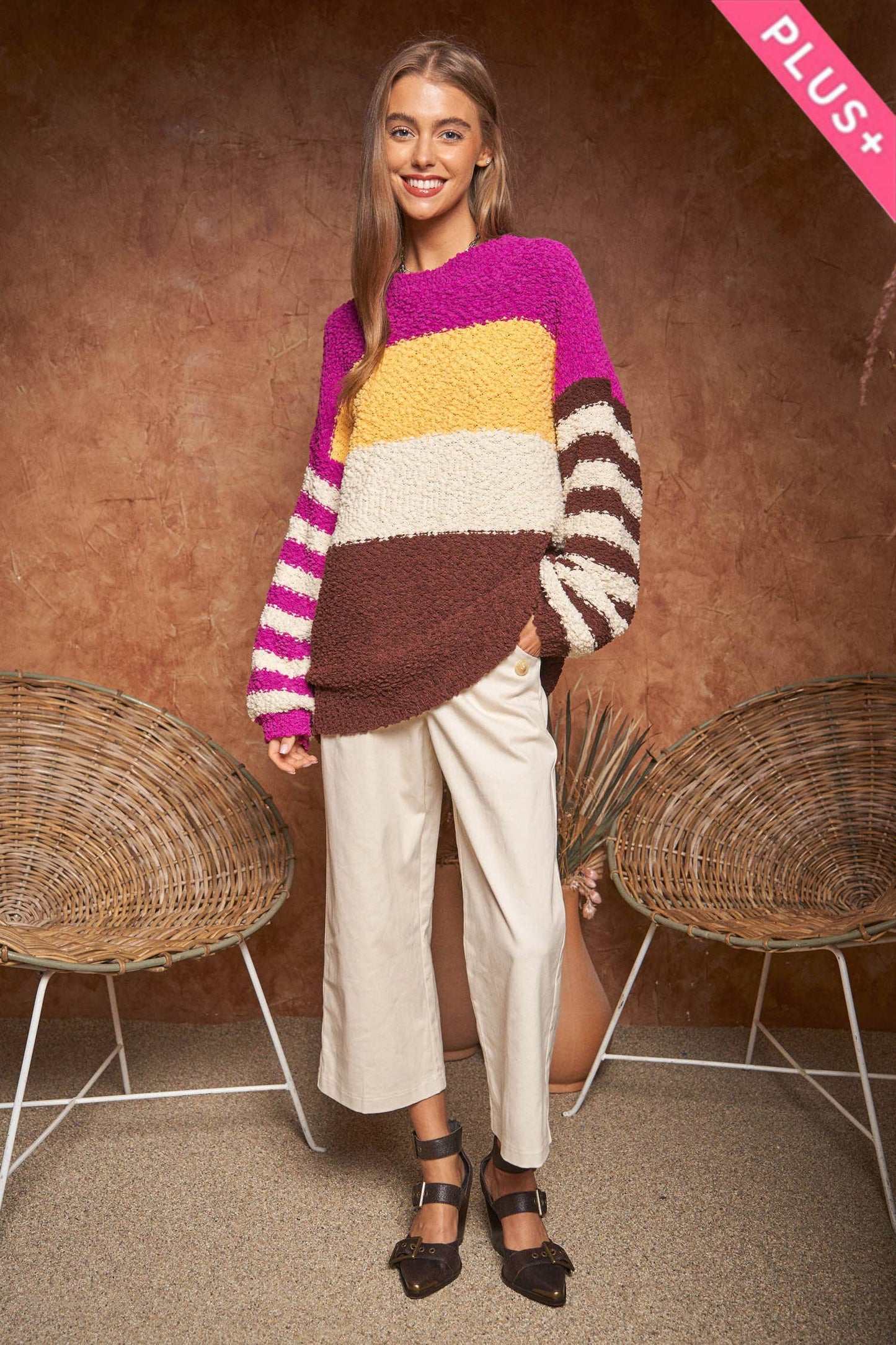 PLUS STRIPE COLOR BLOCK SLOUCHY LOOSE SWEATER TOP