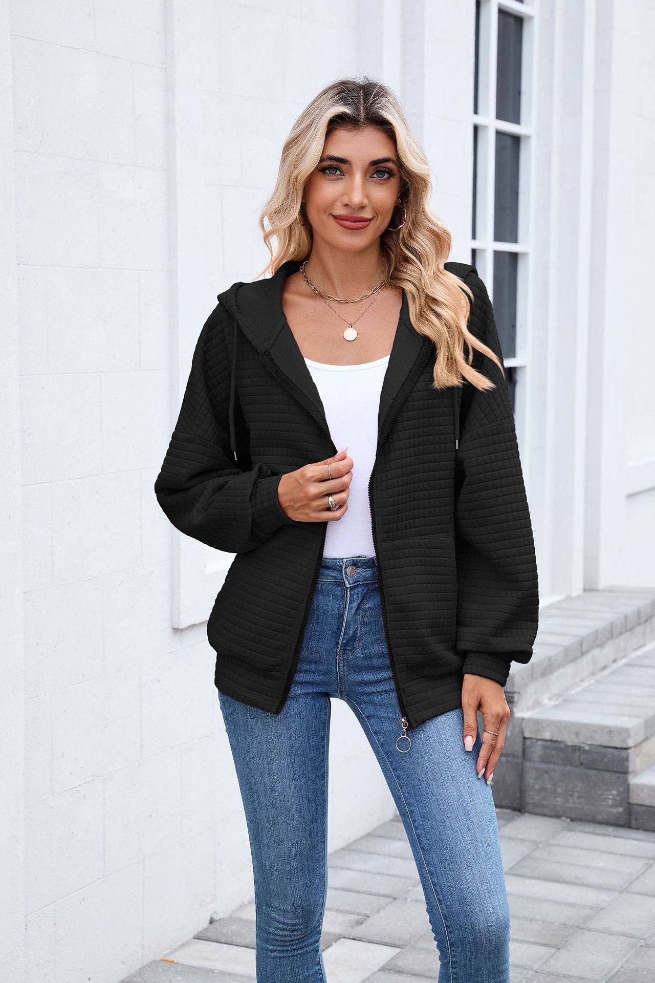 Quilted Zip-Up Hoodie