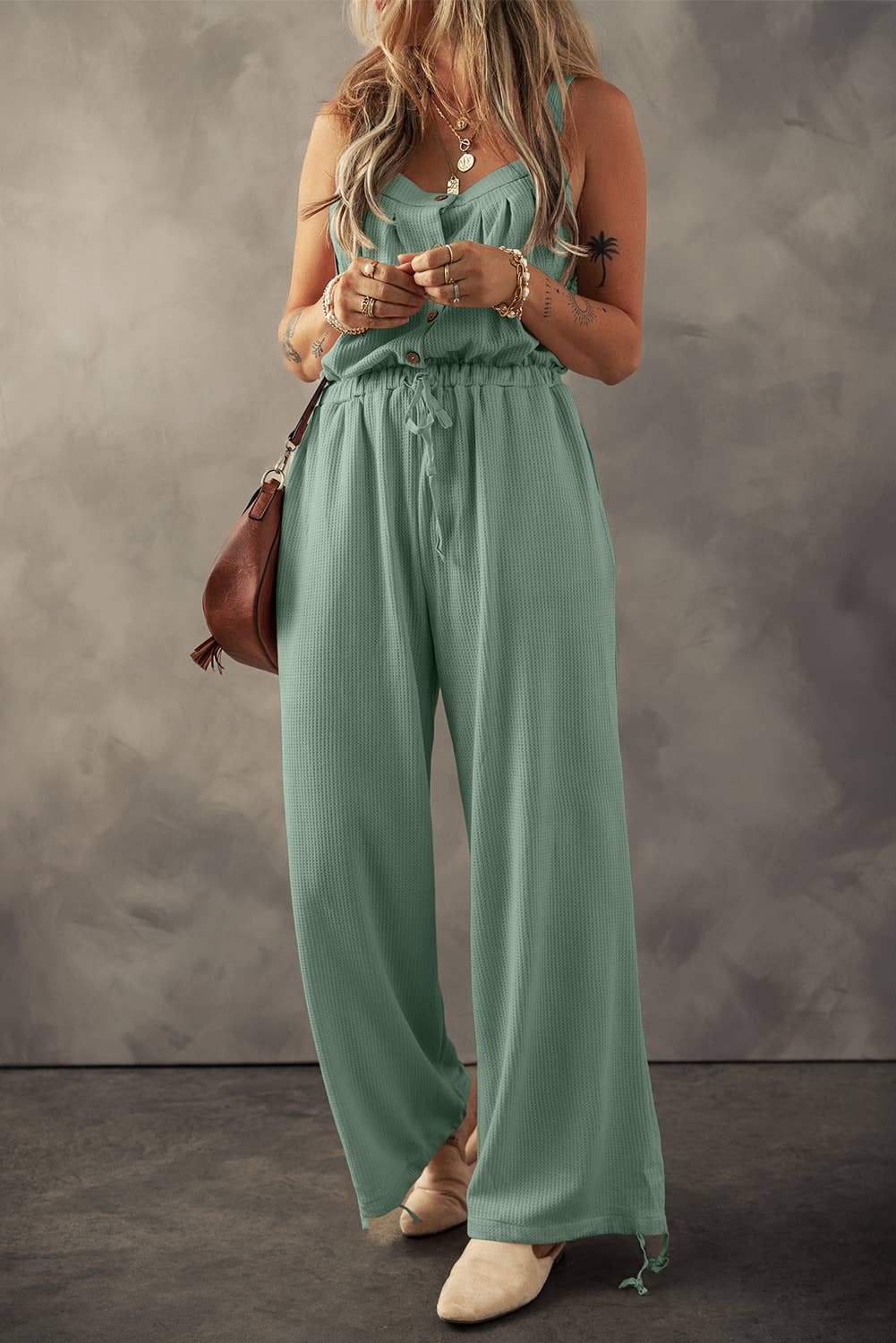 Textured Drawstring Jumpsuit- Pale Khaki