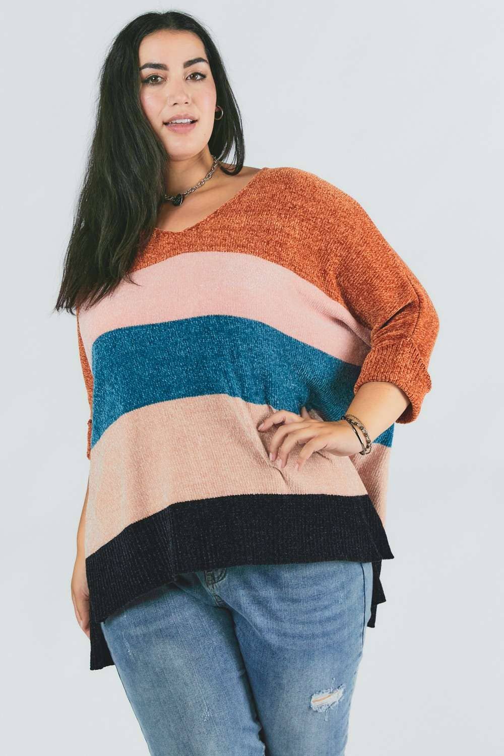 PLUS MULTI STRIPE COLORBLOCK LOOSE FIT SWEATER