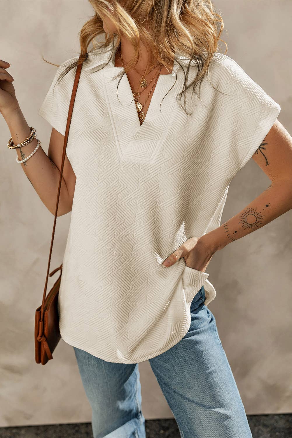 Textured V Neck Collared Short Sleeve Top