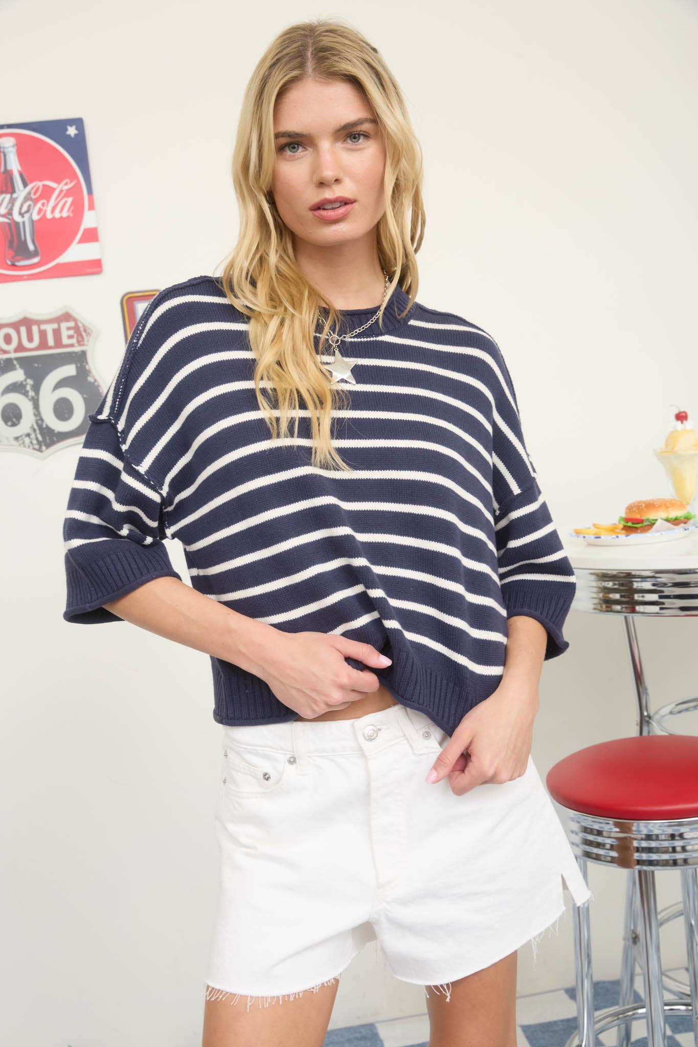STRIPE RAW EDGE DROP SHOULDER SHORT SLEEVE SWEATER