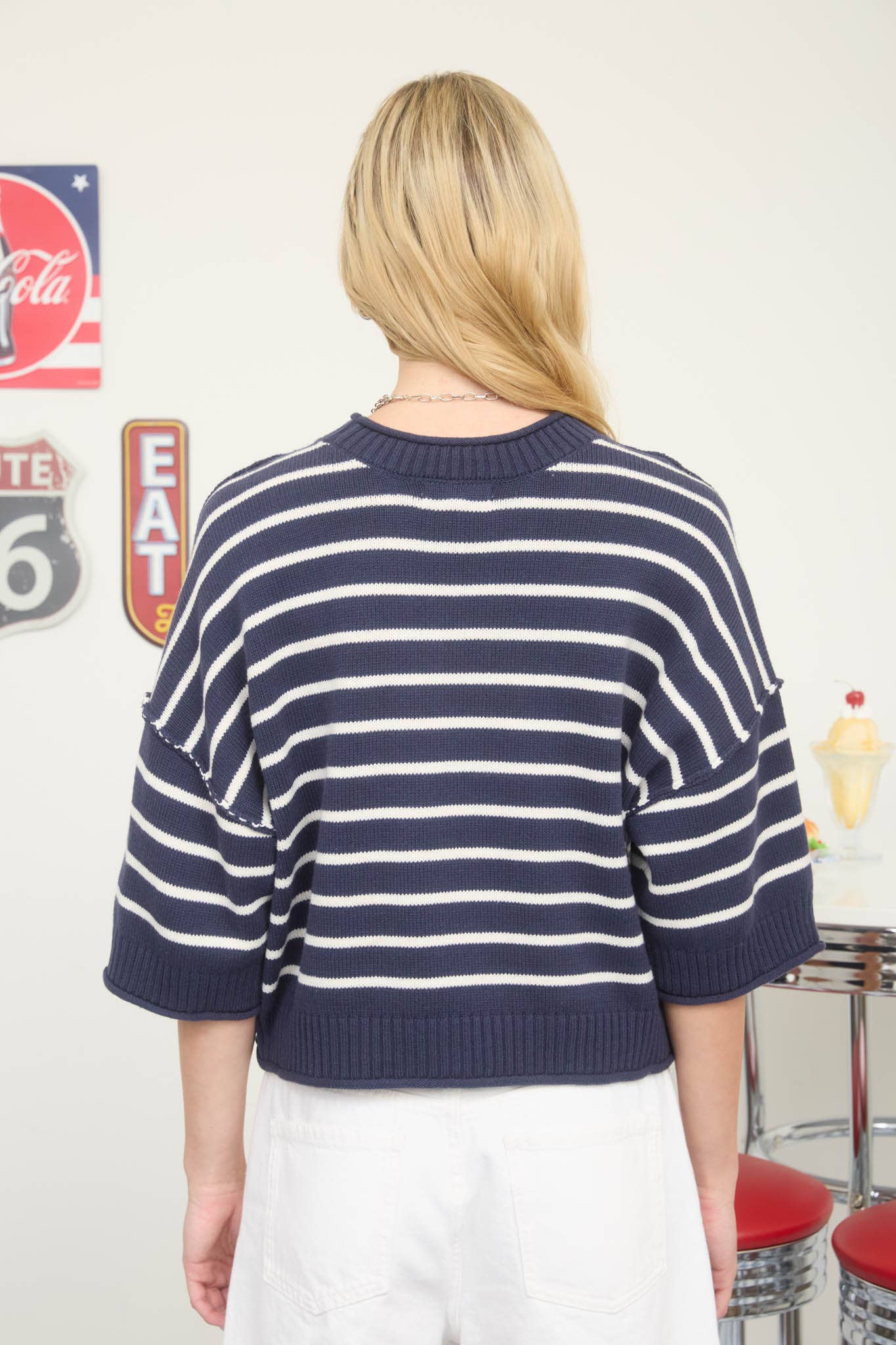 STRIPE RAW EDGE DROP SHOULDER SHORT SLEEVE SWEATER