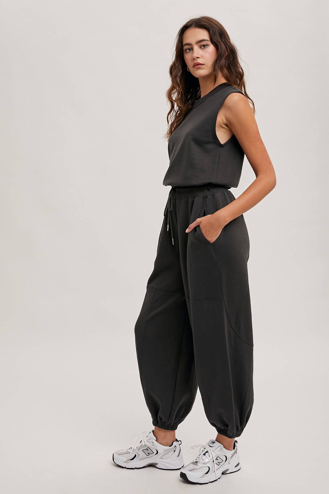 DRAWSTRING WAIST SLEEVELESS KNIT ACIVE JUMPSUIT