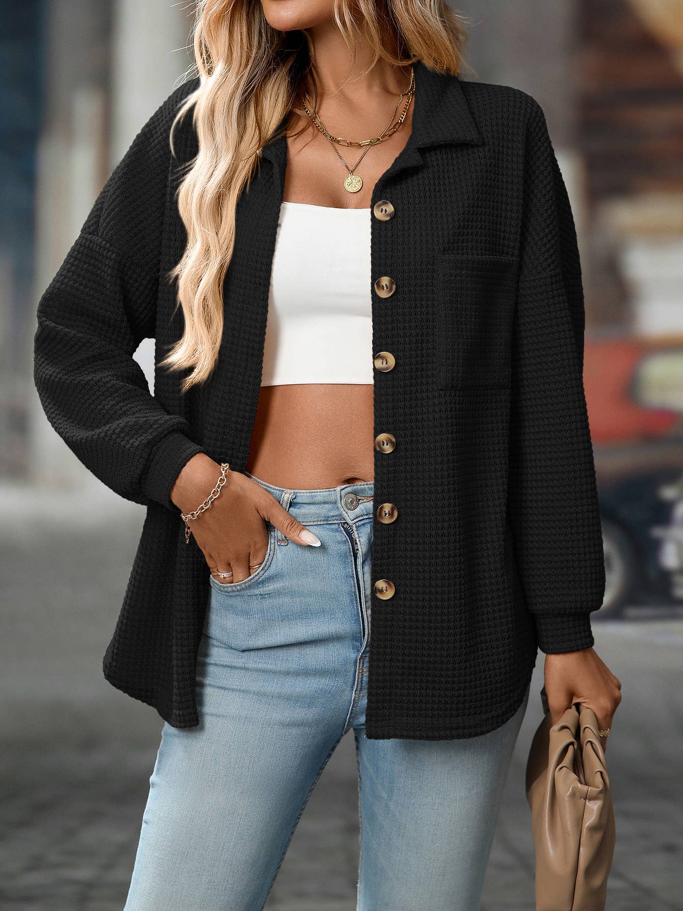 Waffle Knit Button-Up Shirt – Casual Fall Cardigan