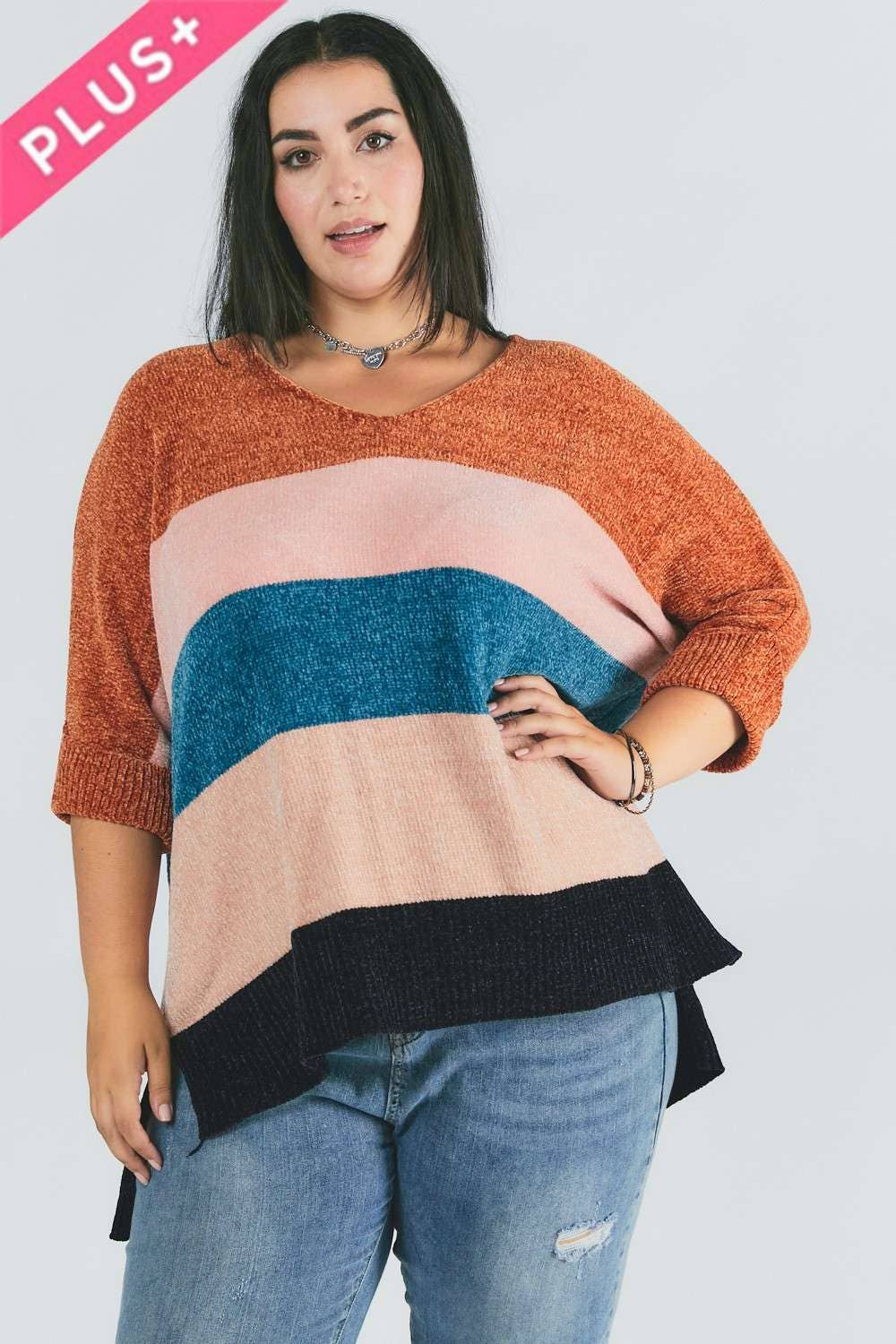 PLUS MULTI STRIPE COLORBLOCK LOOSE FIT SWEATER