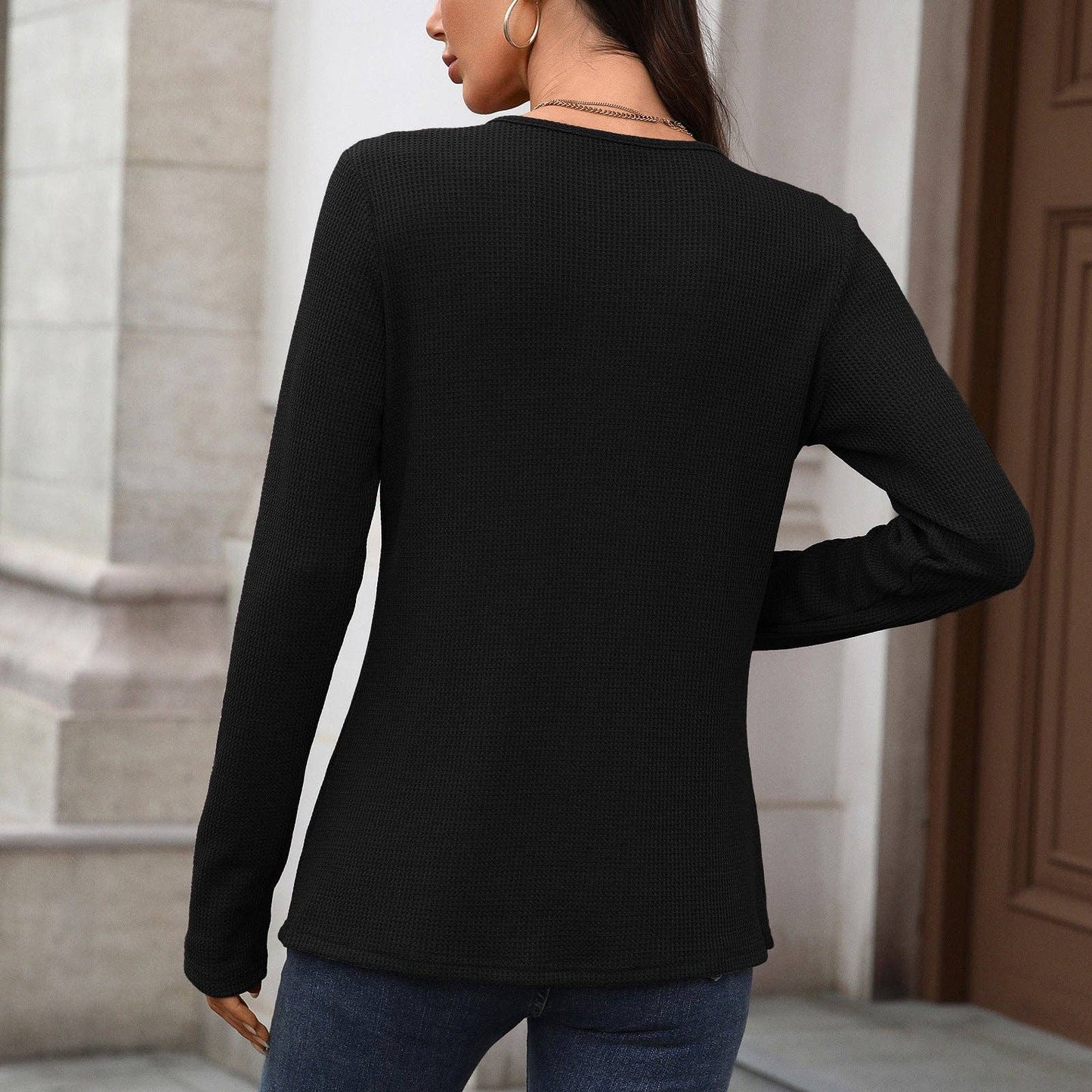 Pure Color Button Neck Pullover | Casual Long Sleeve Top