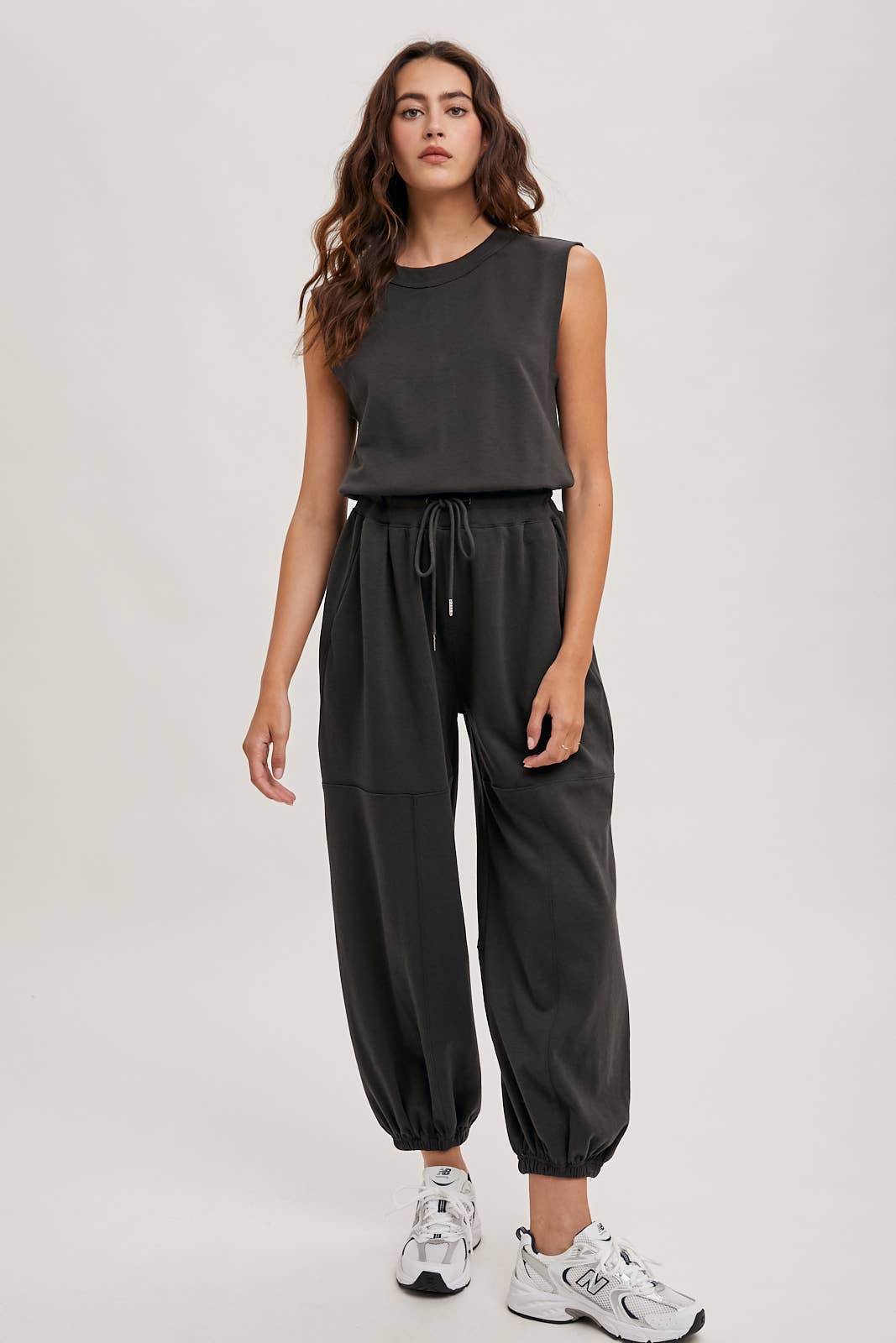 DRAWSTRING WAIST SLEEVELESS KNIT ACIVE JUMPSUIT