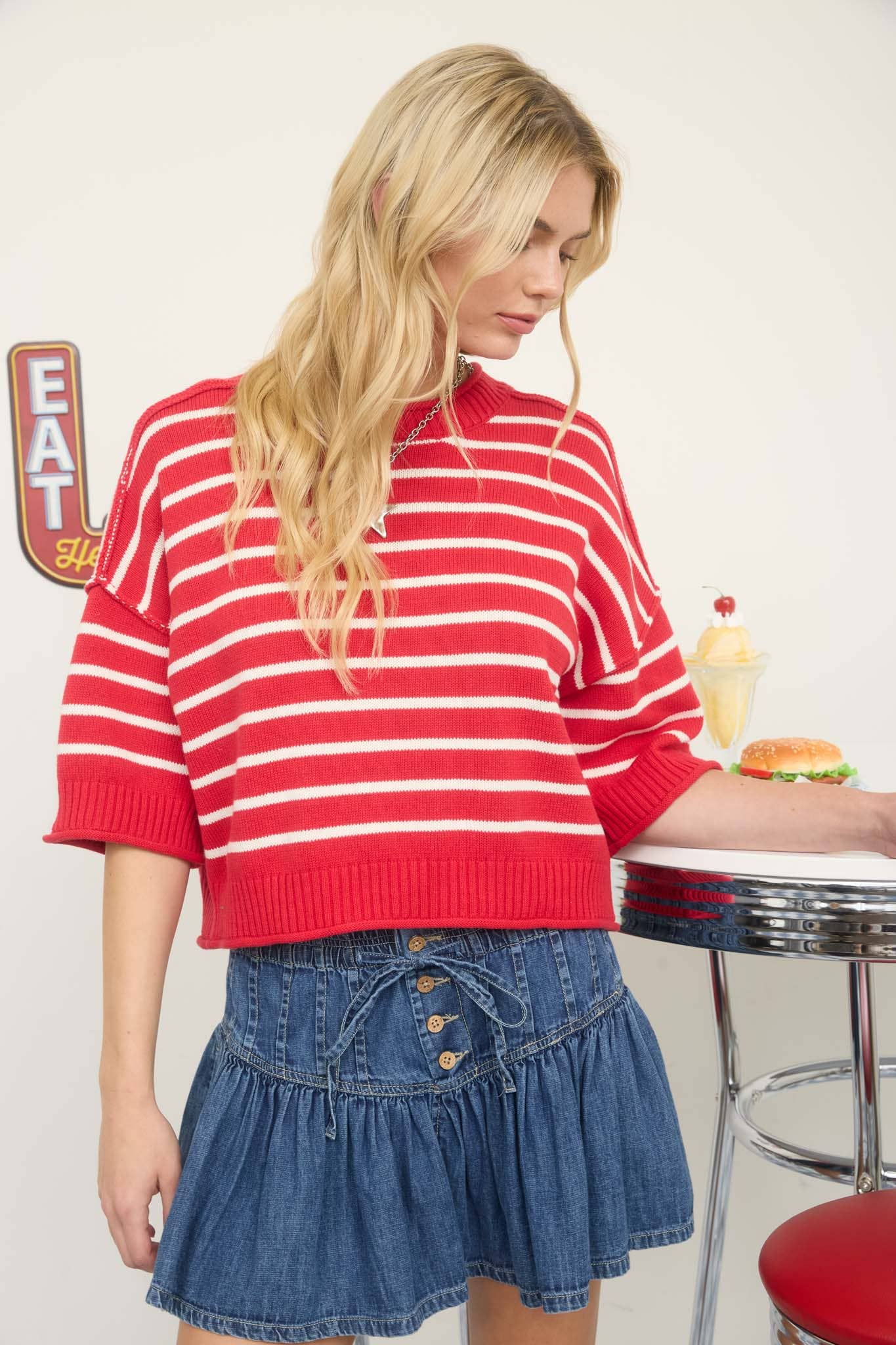 STRIPE RAW EDGE DROP SHOULDER SHORT SLEEVE SWEATER