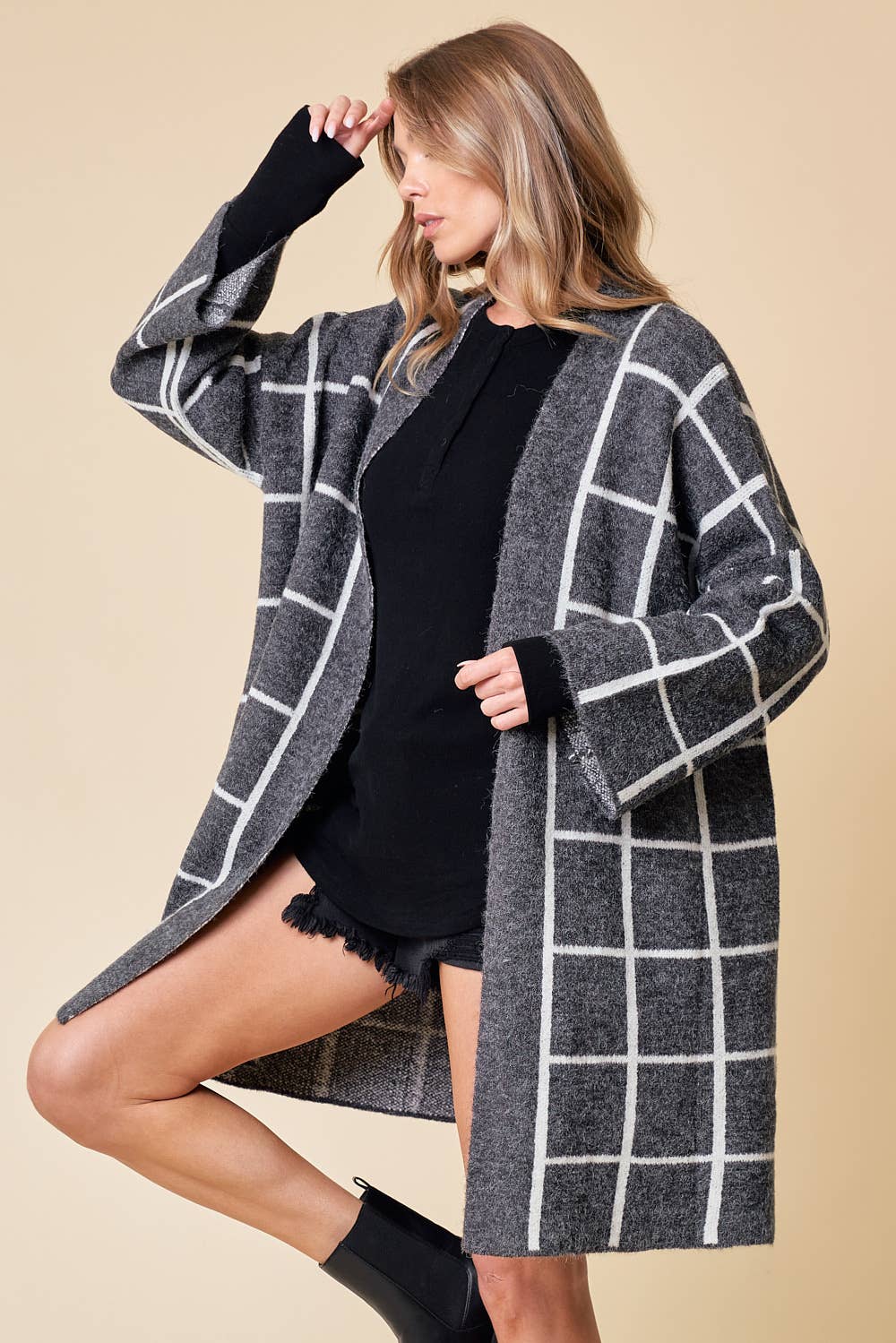 GRID PATTERNED LONG CARDIGAN - 1627C