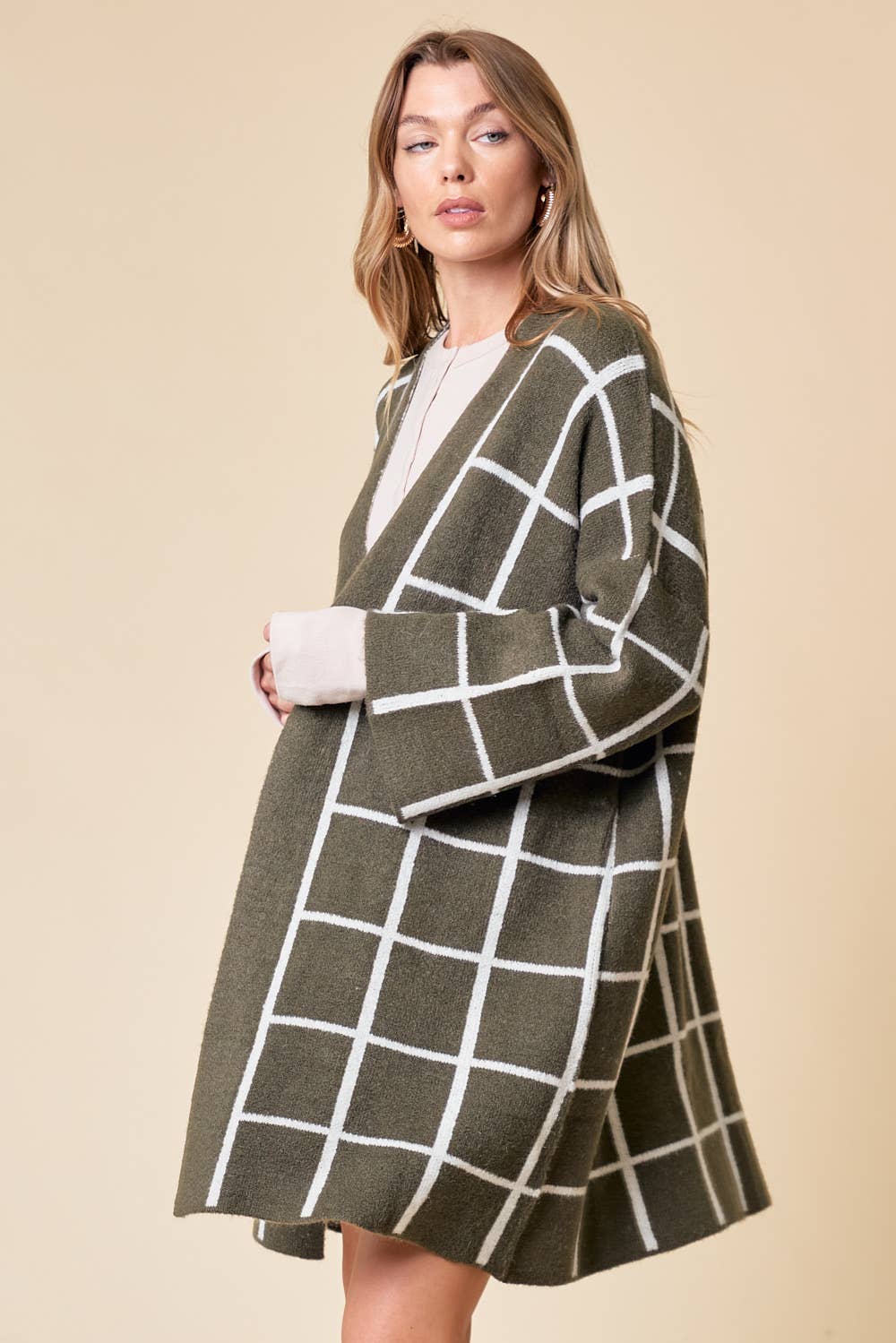 GRID PATTERNED LONG CARDIGAN - 1627C