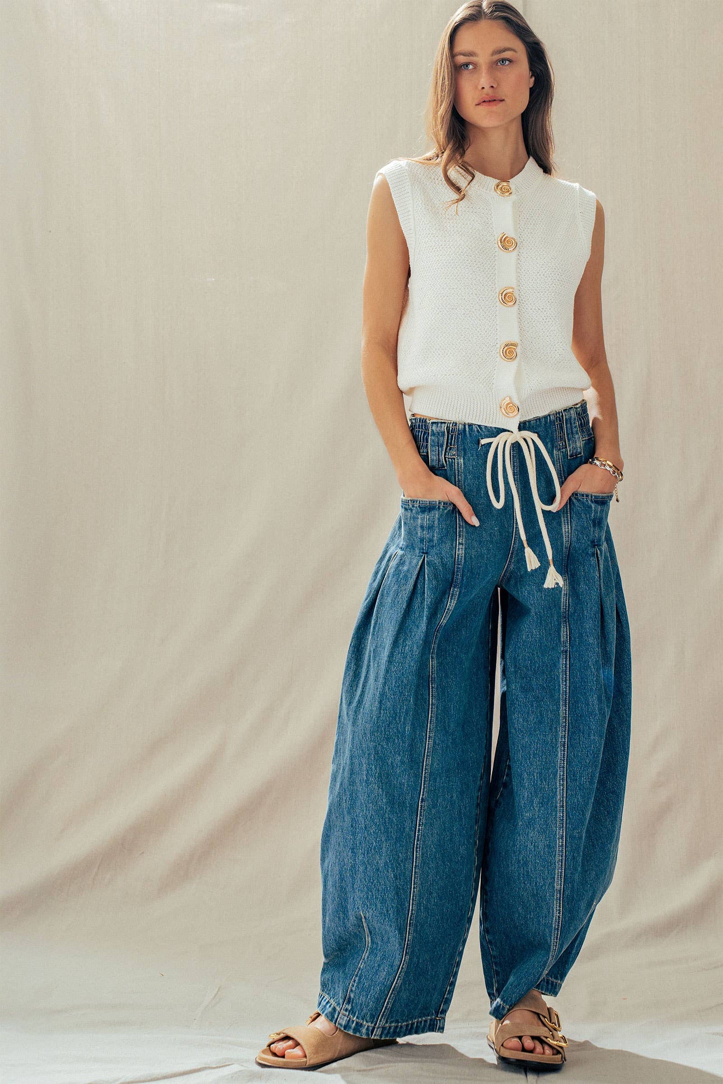 Rope Drawstring Balloon Pants Pleated Front