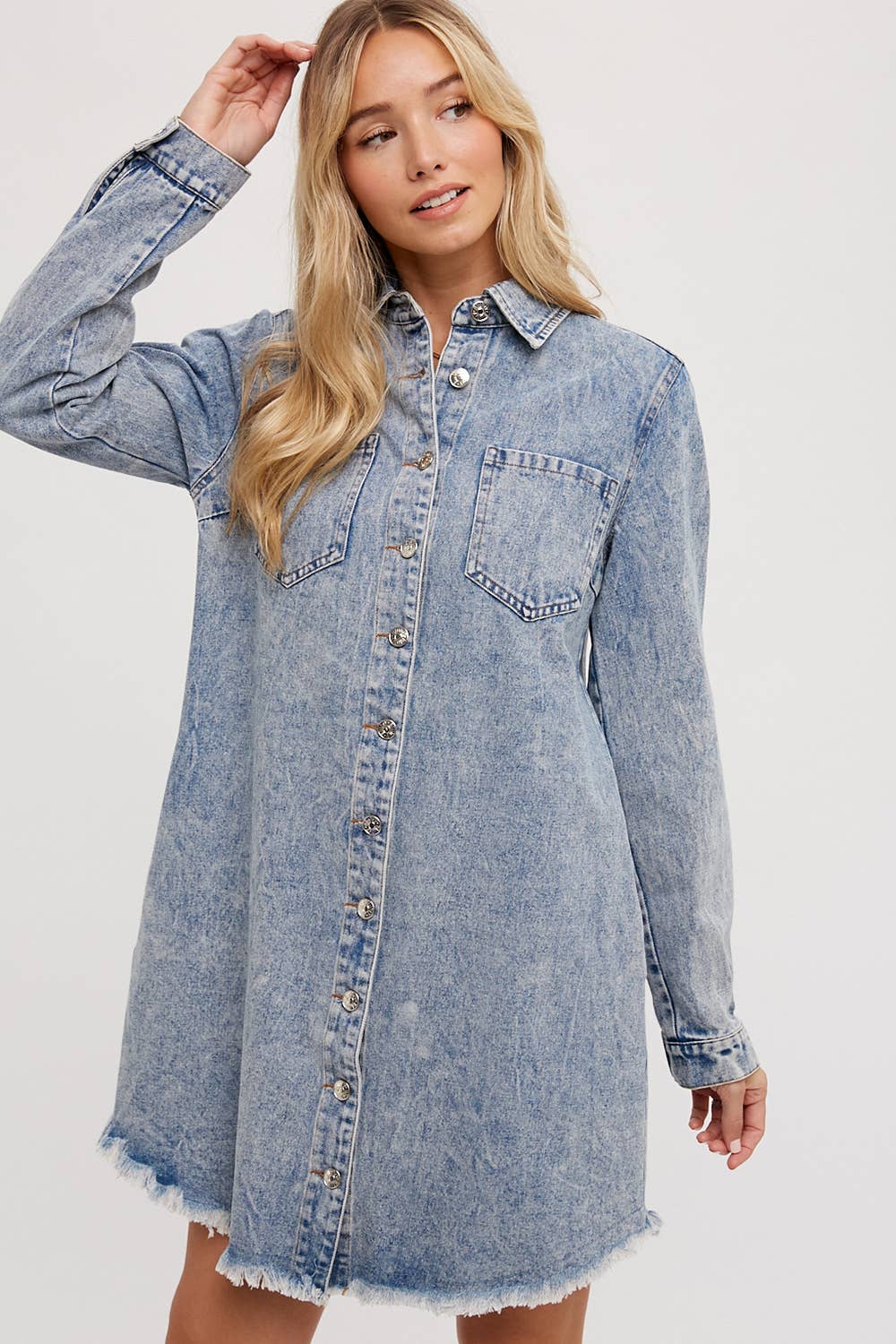 DENIM DISTRESSED LONGSLEEVE SHIRT DRESS