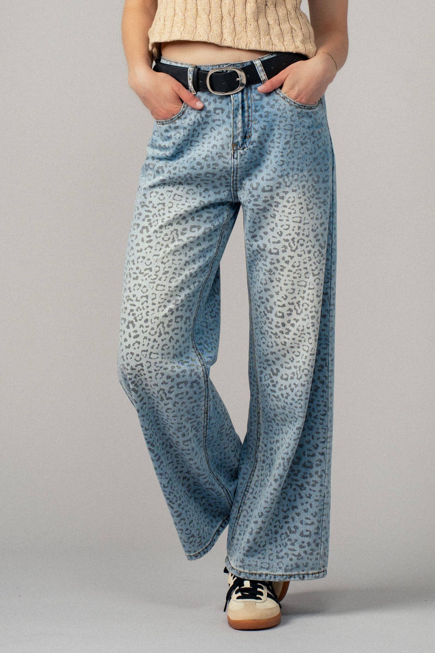 Leopard Print Wide-Leg Denim Pants