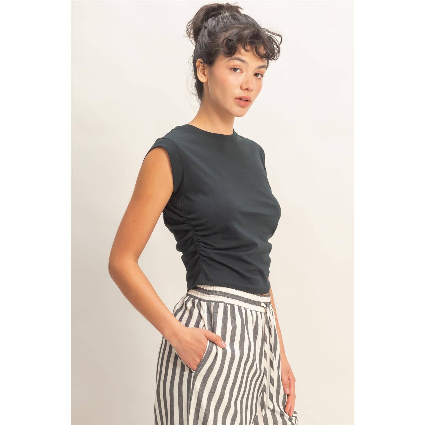 Ruched Waist Sleeveless Cotton Top
