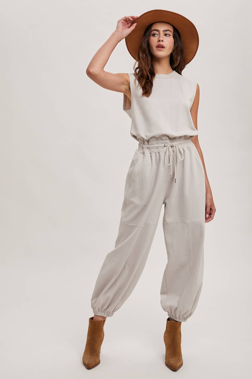 DRAWSTRING WAIST SLEEVELESS KNIT ACIVE JUMPSUIT
