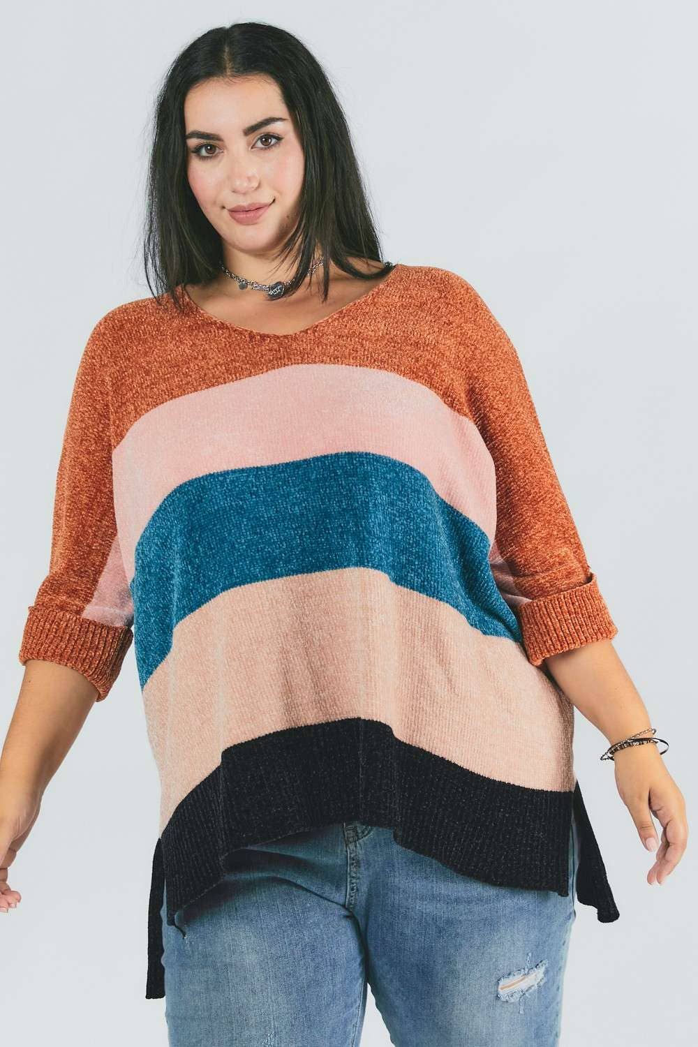 PLUS MULTI STRIPE COLORBLOCK LOOSE FIT SWEATER