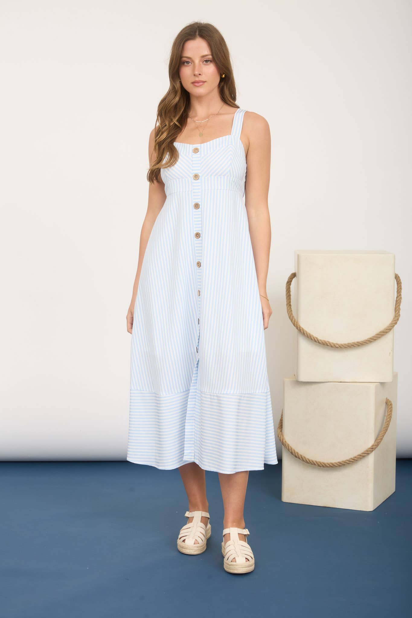 STRIPE SWEETHEART BUTTON DOWN SLEEVELESS MIDI DRESS