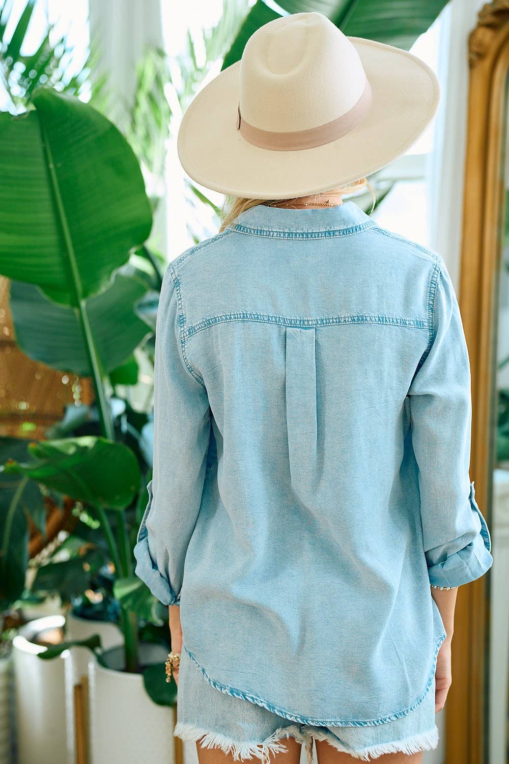 Chambray Button Down Shirt With Roll up Sleeve