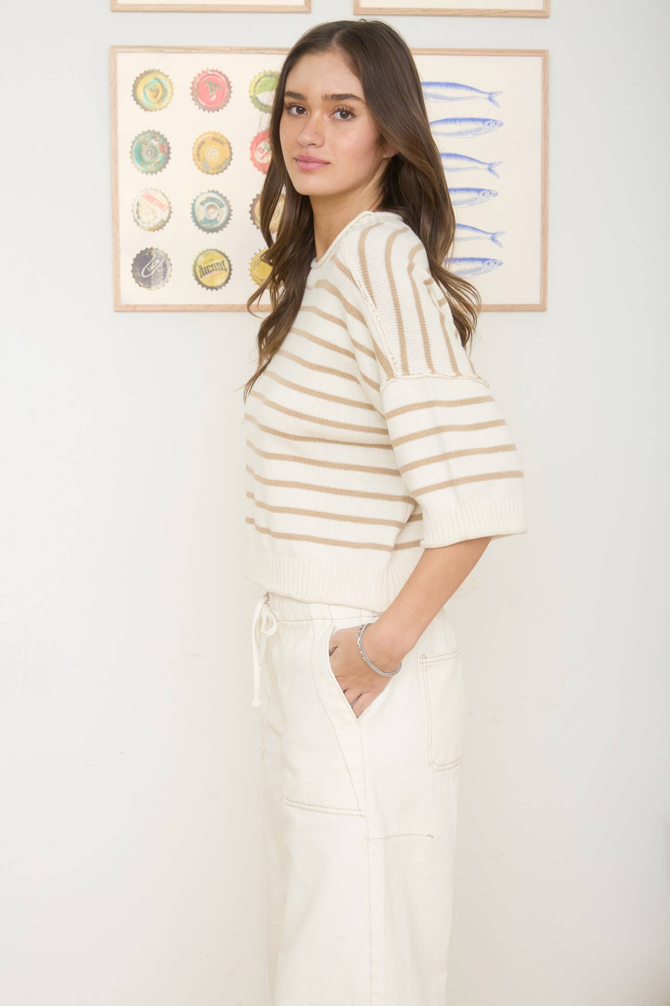 STRIPE RAW EDGE DROP SHOULDER SHORT SLEEVE SWEATER