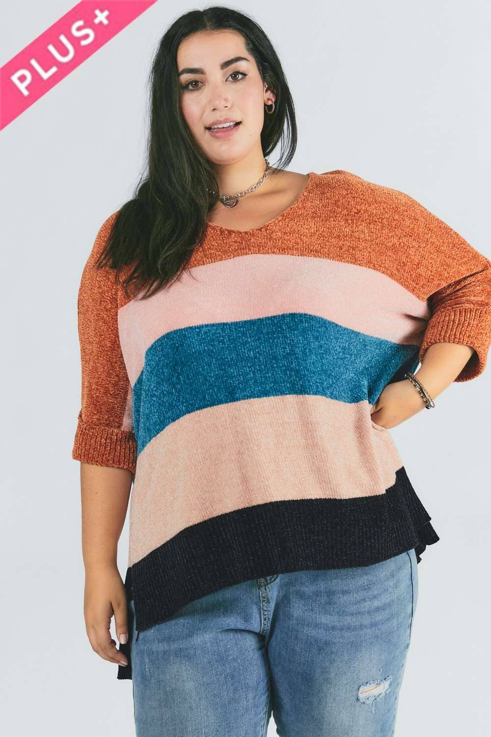 PLUS MULTI STRIPE COLORBLOCK LOOSE FIT SWEATER